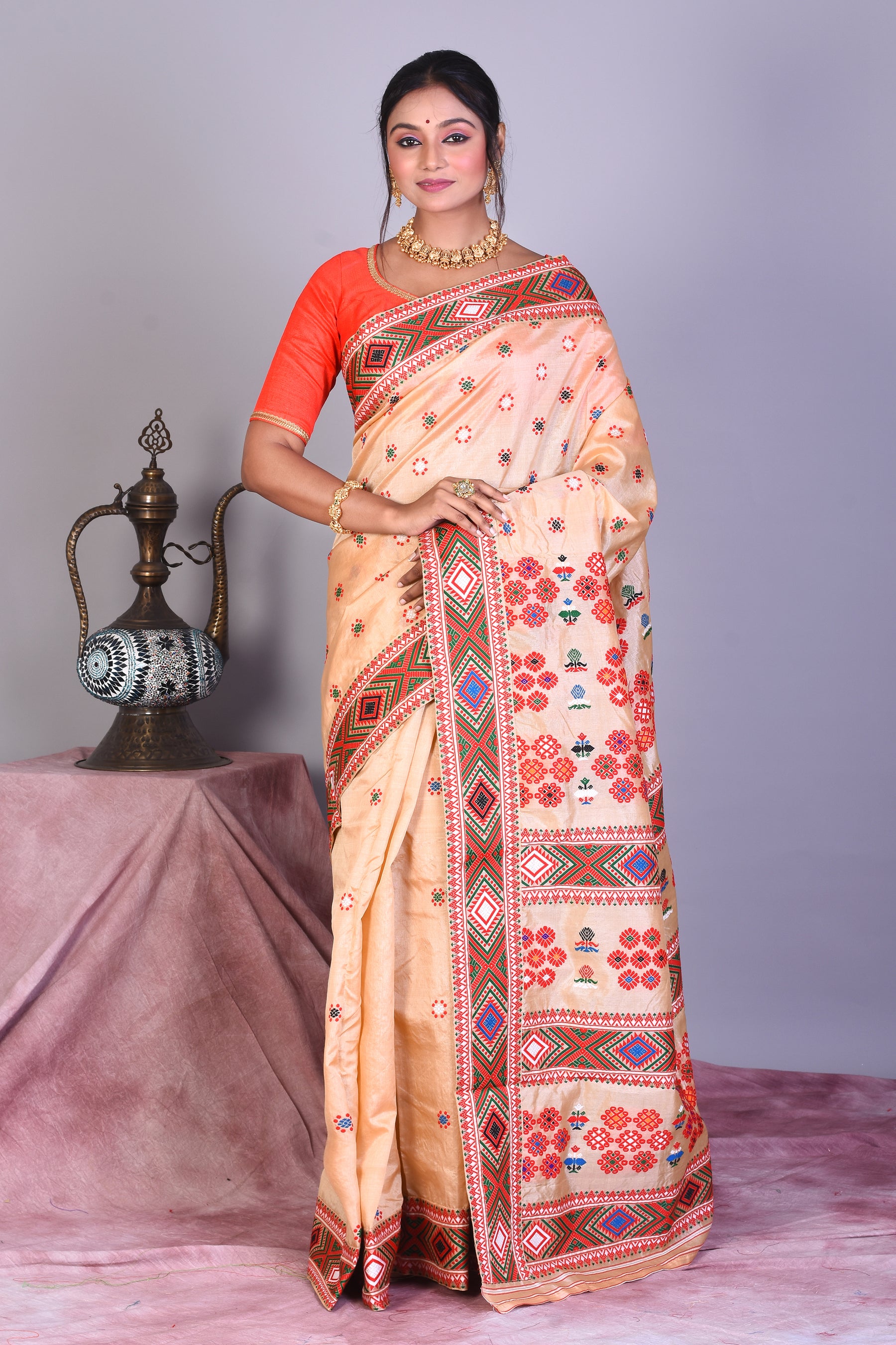 Beige Pure Tussar Saree with Red Borders - Keya Seth Exclusive