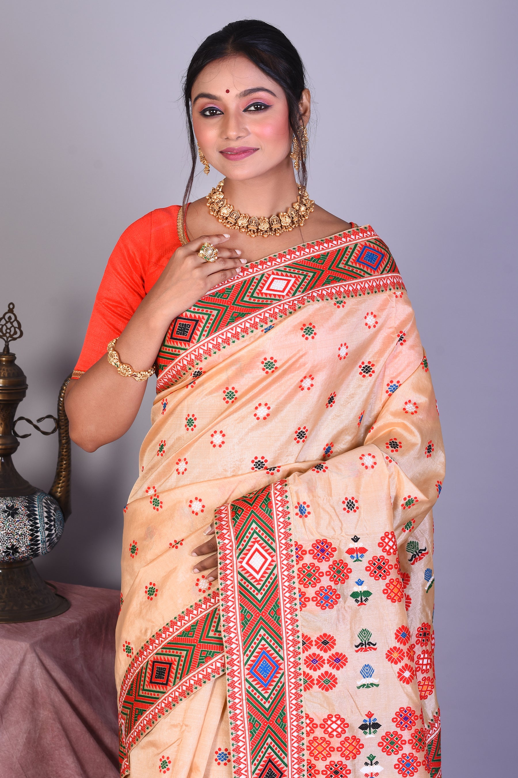 Beige Pure Tussar Saree with Red Borders - Keya Seth Exclusive