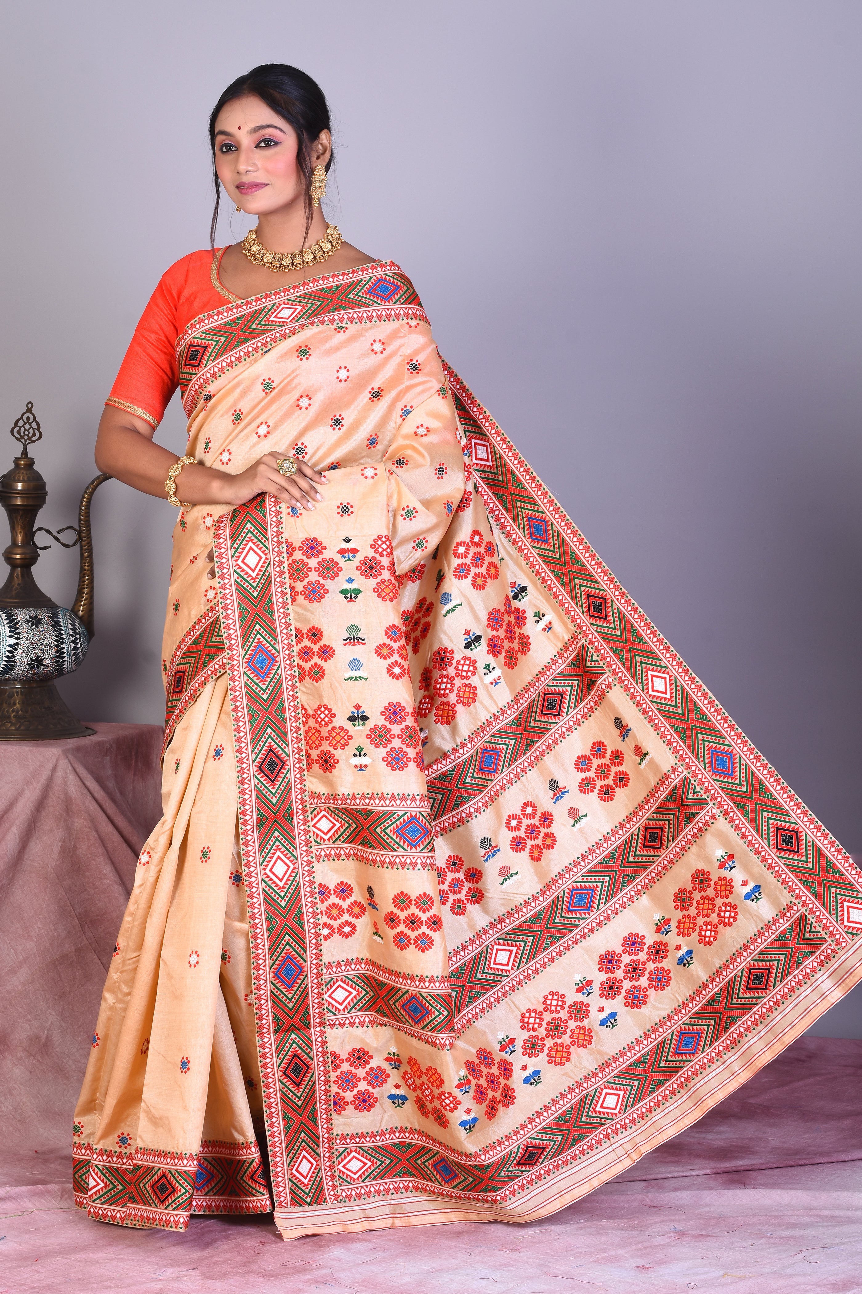 Beige Pure Tussar Saree with Red Borders - Keya Seth Exclusive