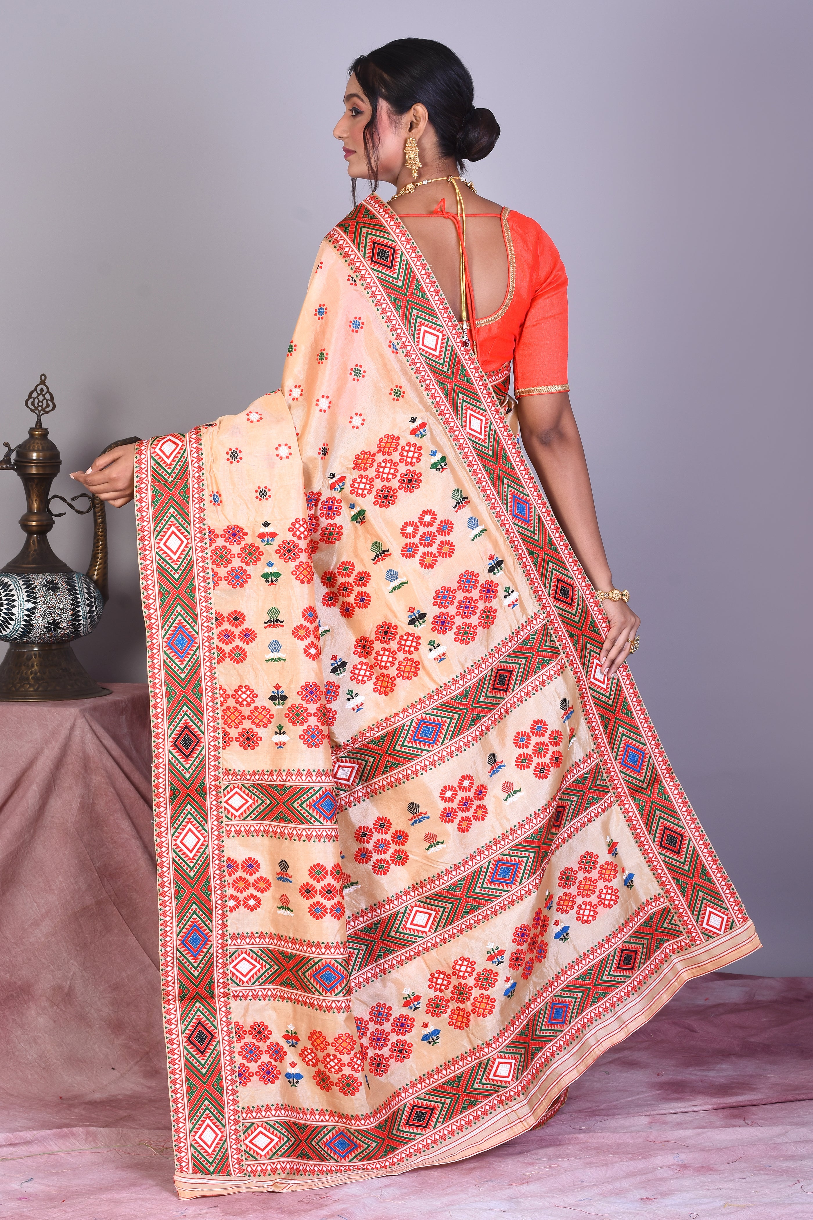 Beige Pure Tussar Saree with Red Borders - Keya Seth Exclusive