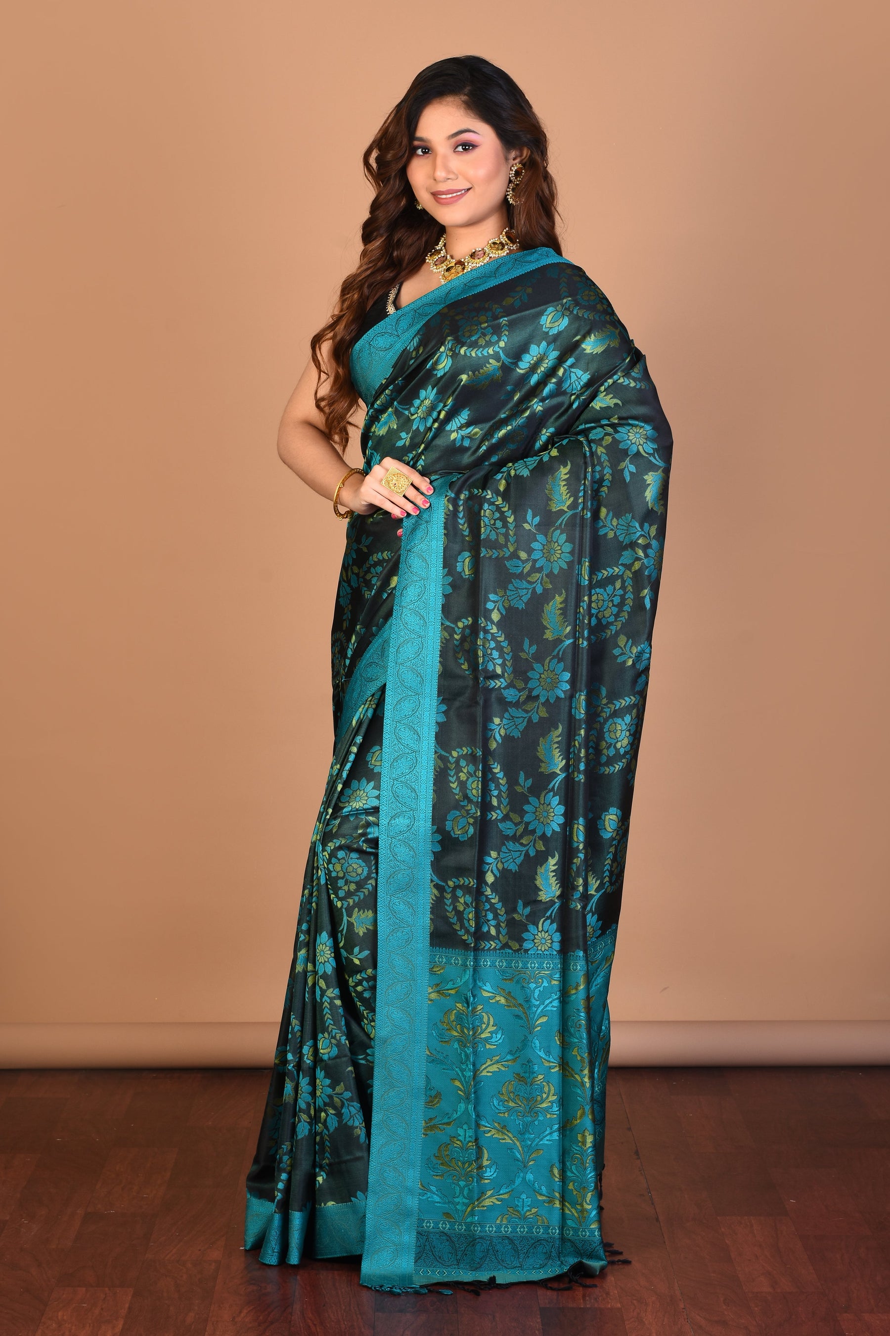 Black Pure Arani Silk Saree with Blouse Piece - Keya Seth Exclusive