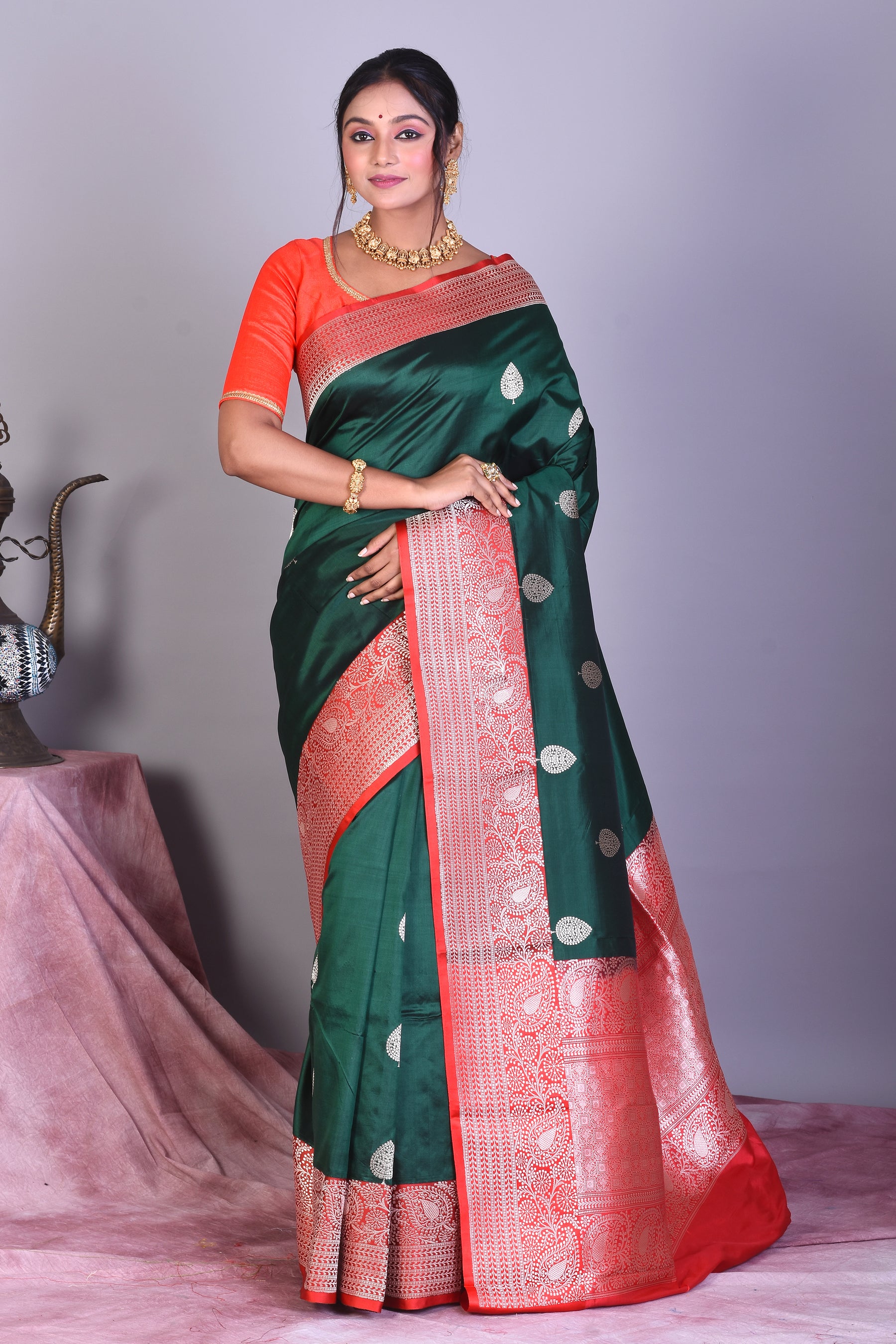 Deep Green Pure Katan Saree with Red Borders - Keya Seth Exclusive