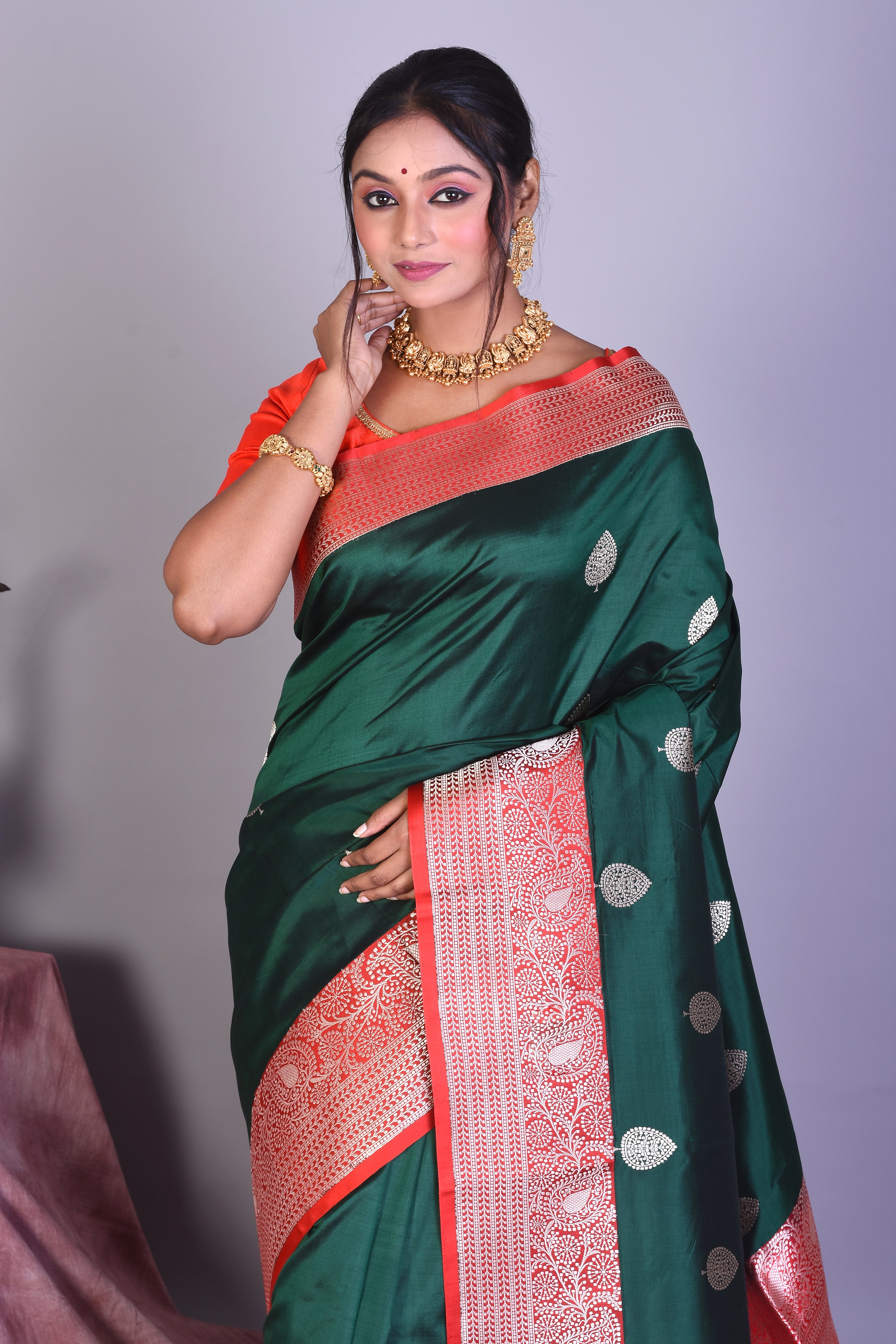 Deep Green Pure Katan Saree with Red Borders - Keya Seth Exclusive