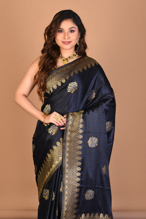 Navy Blue Satin Silk Saree with Blouse Piece - Keya Seth Exclusive