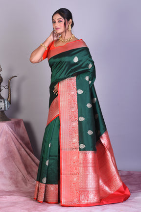 Deep Green Pure Katan Saree with Red Borders - Keya Seth Exclusive