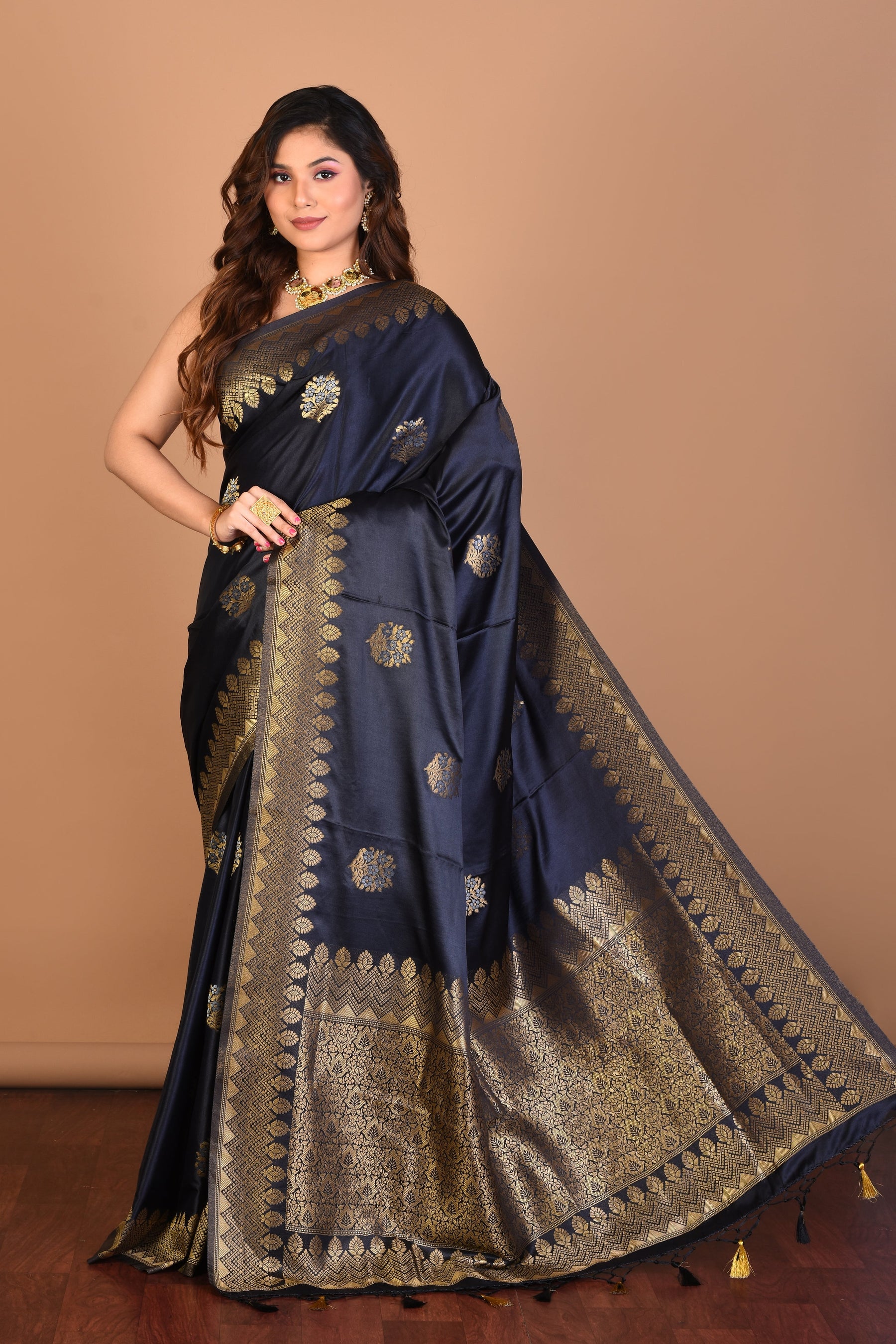 Navy Blue Satin Silk Saree with Blouse Piece - Keya Seth Exclusive