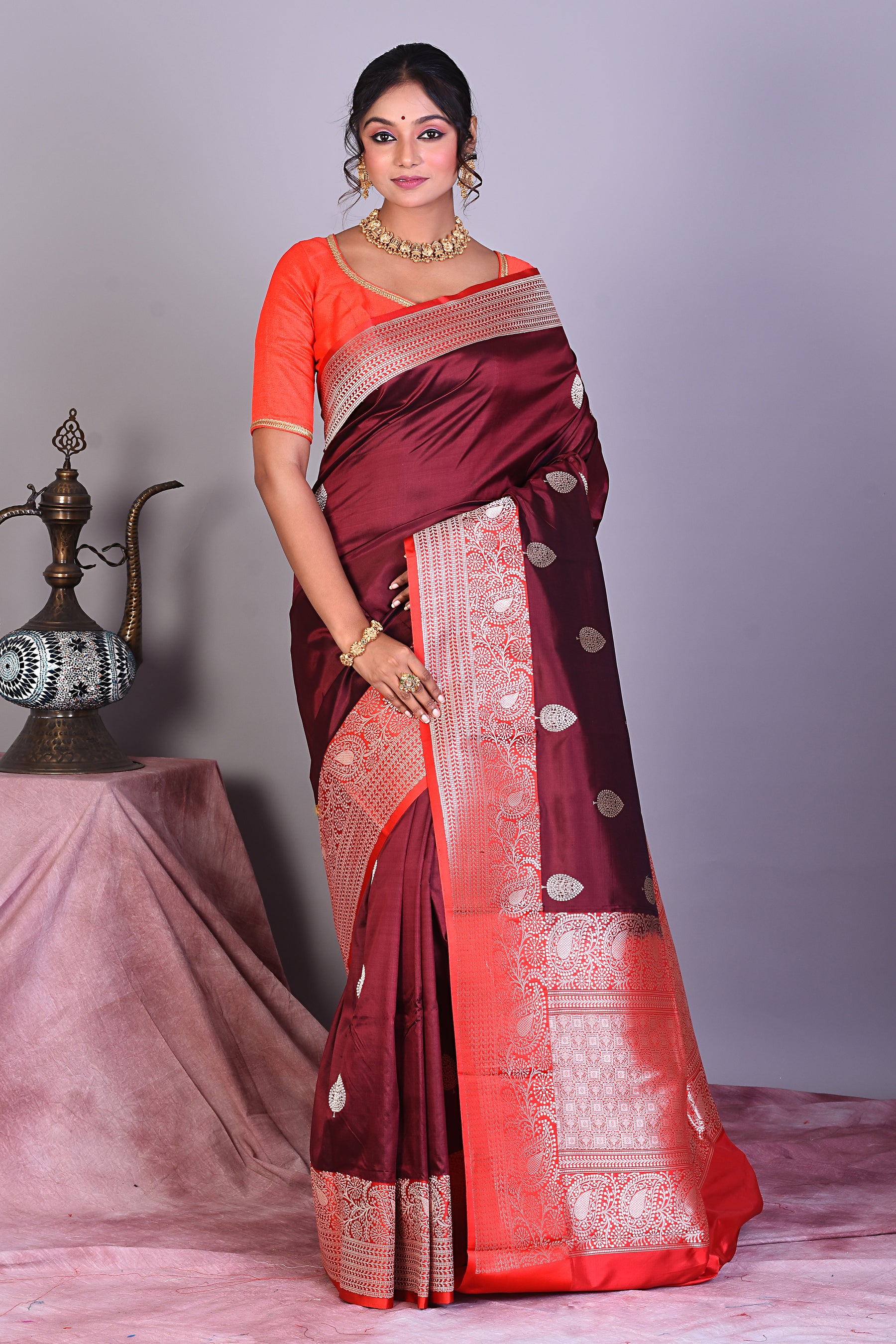 Maroon Pure Katan Saree with Red Borders - Keya Seth Exclusive