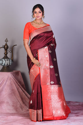 Maroon Pure Katan Saree with Red Borders - Keya Seth Exclusive