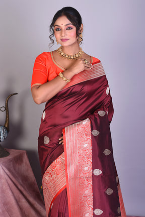 Maroon Pure Katan Saree with Red Borders - Keya Seth Exclusive