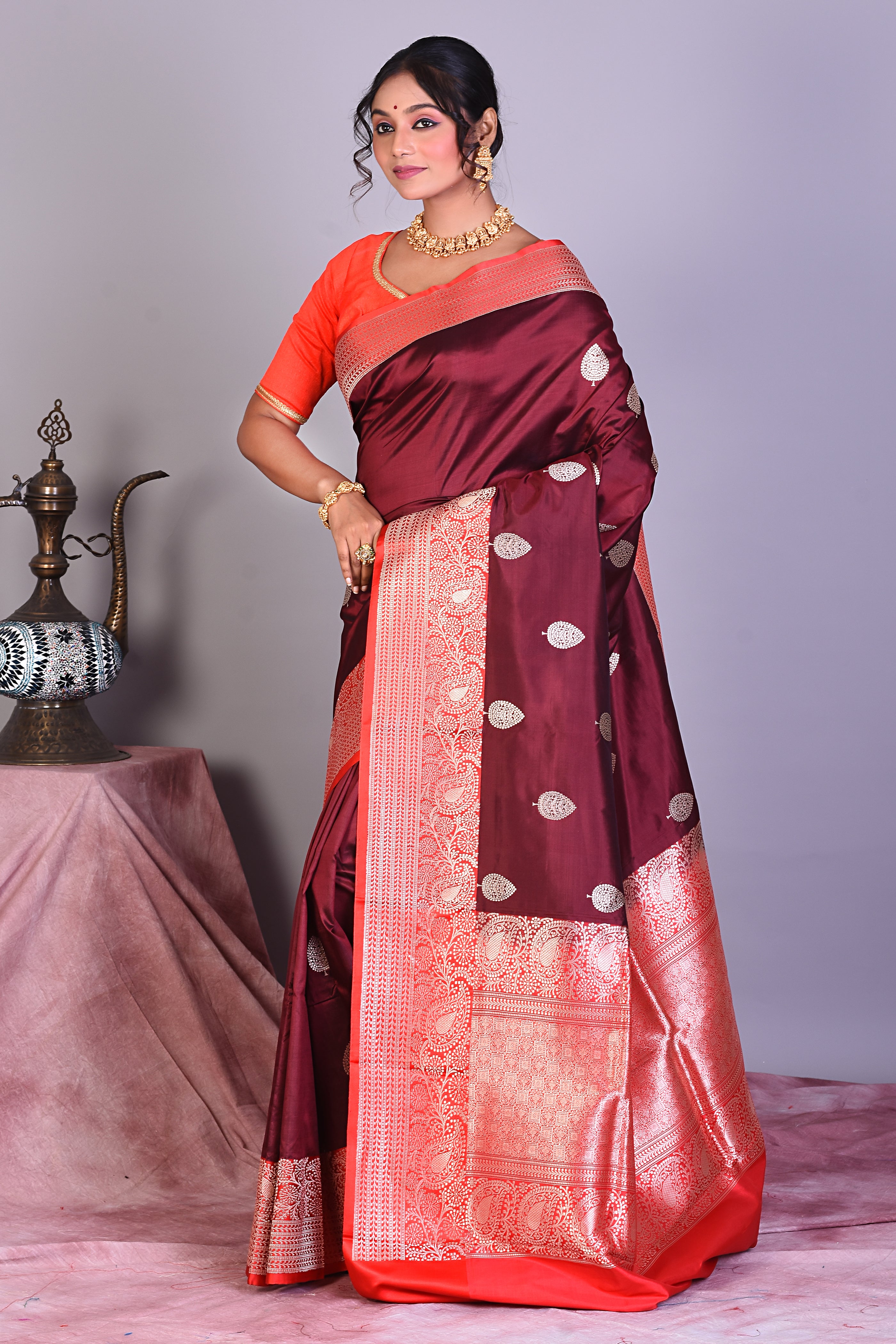 Maroon Pure Katan Saree with Red Borders - Keya Seth Exclusive