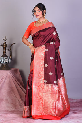 Maroon Pure Katan Saree with Red Borders - Keya Seth Exclusive