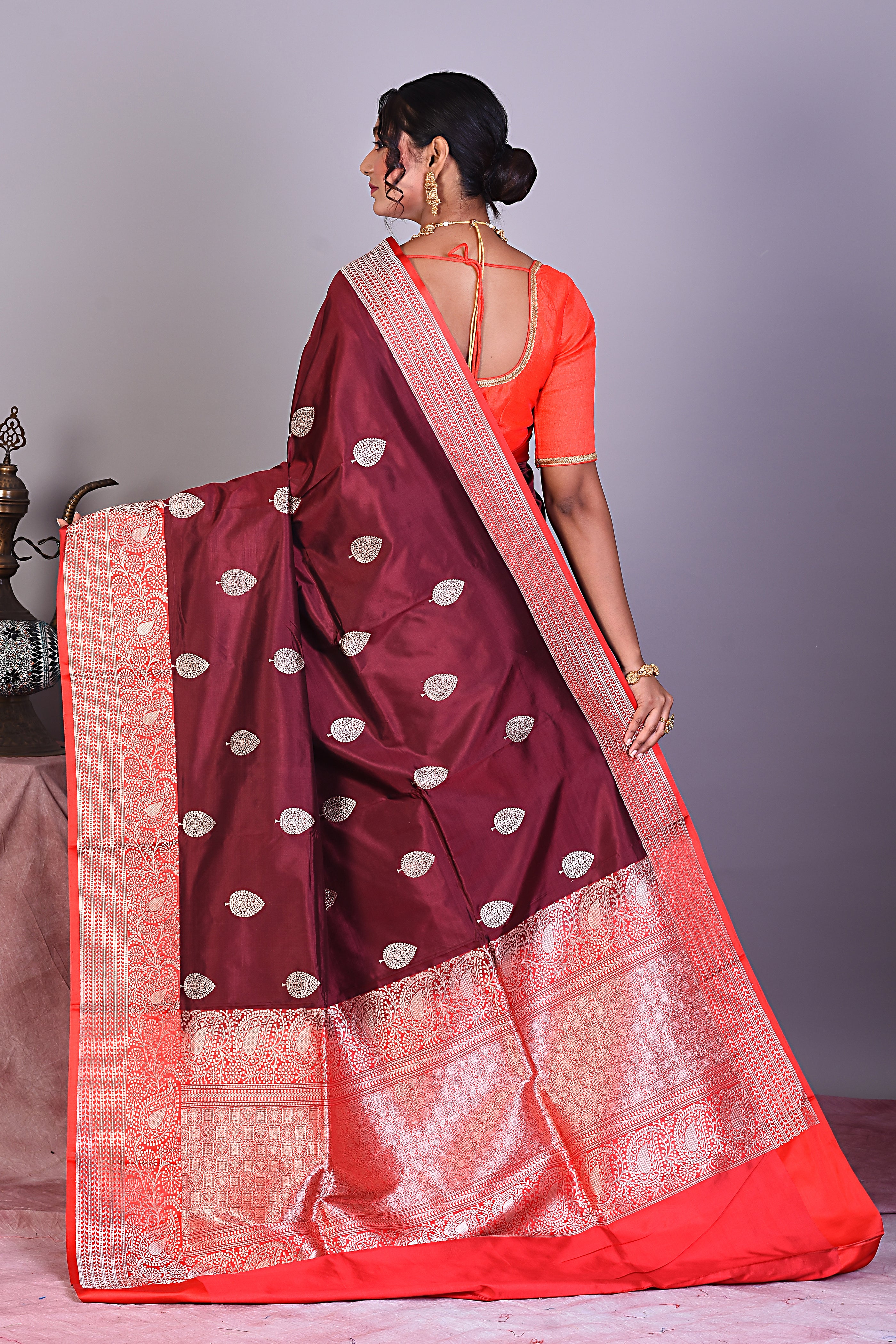 Maroon Pure Katan Saree with Red Borders - Keya Seth Exclusive