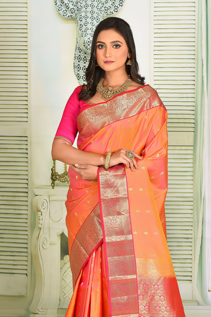 Orange Pink Dual Tone Pure Kanjivaram Silk Saree - Keya Seth Exclusive