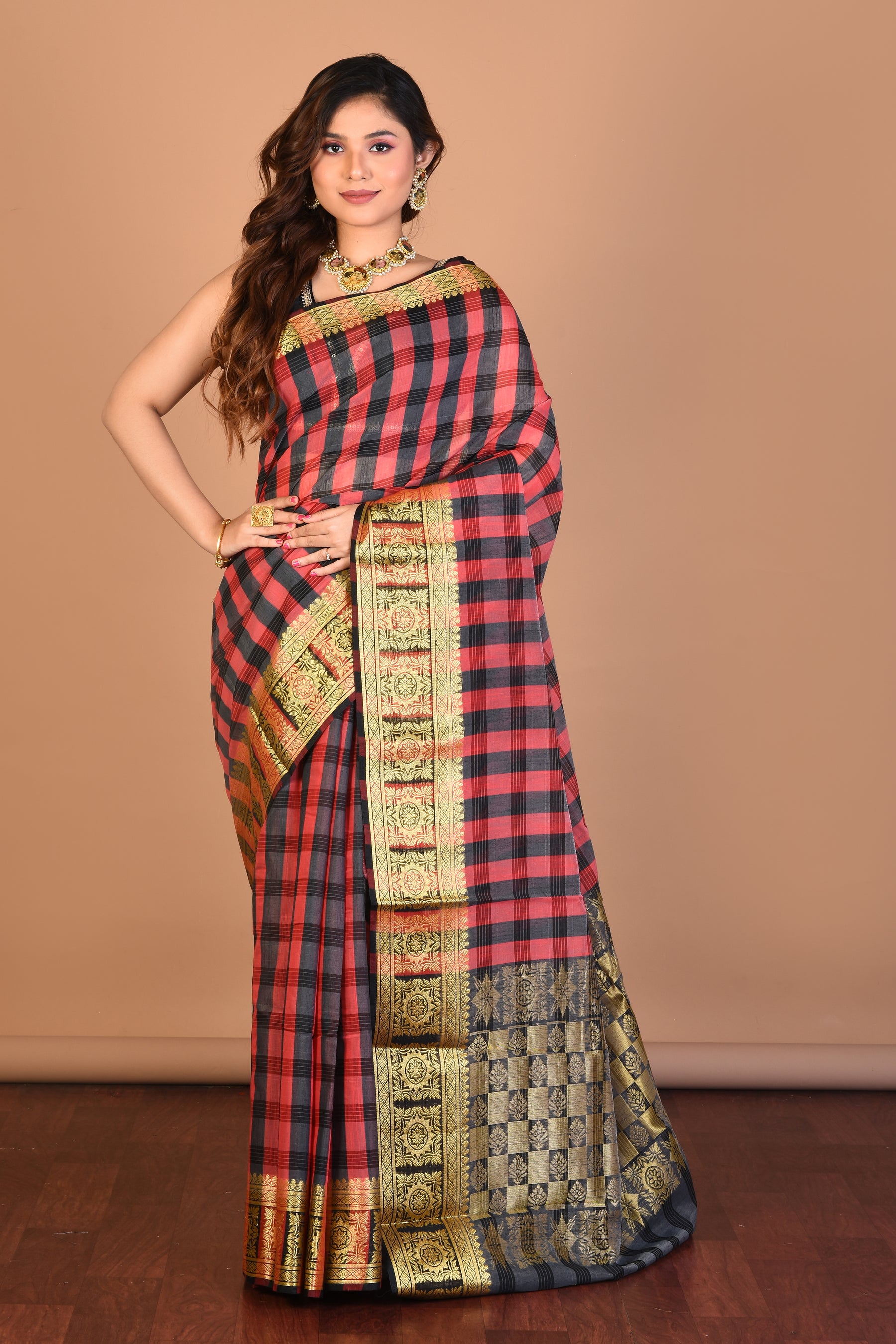 Red and Brown Silk Saree with Blouse Piece - Keya Seth Exclusive