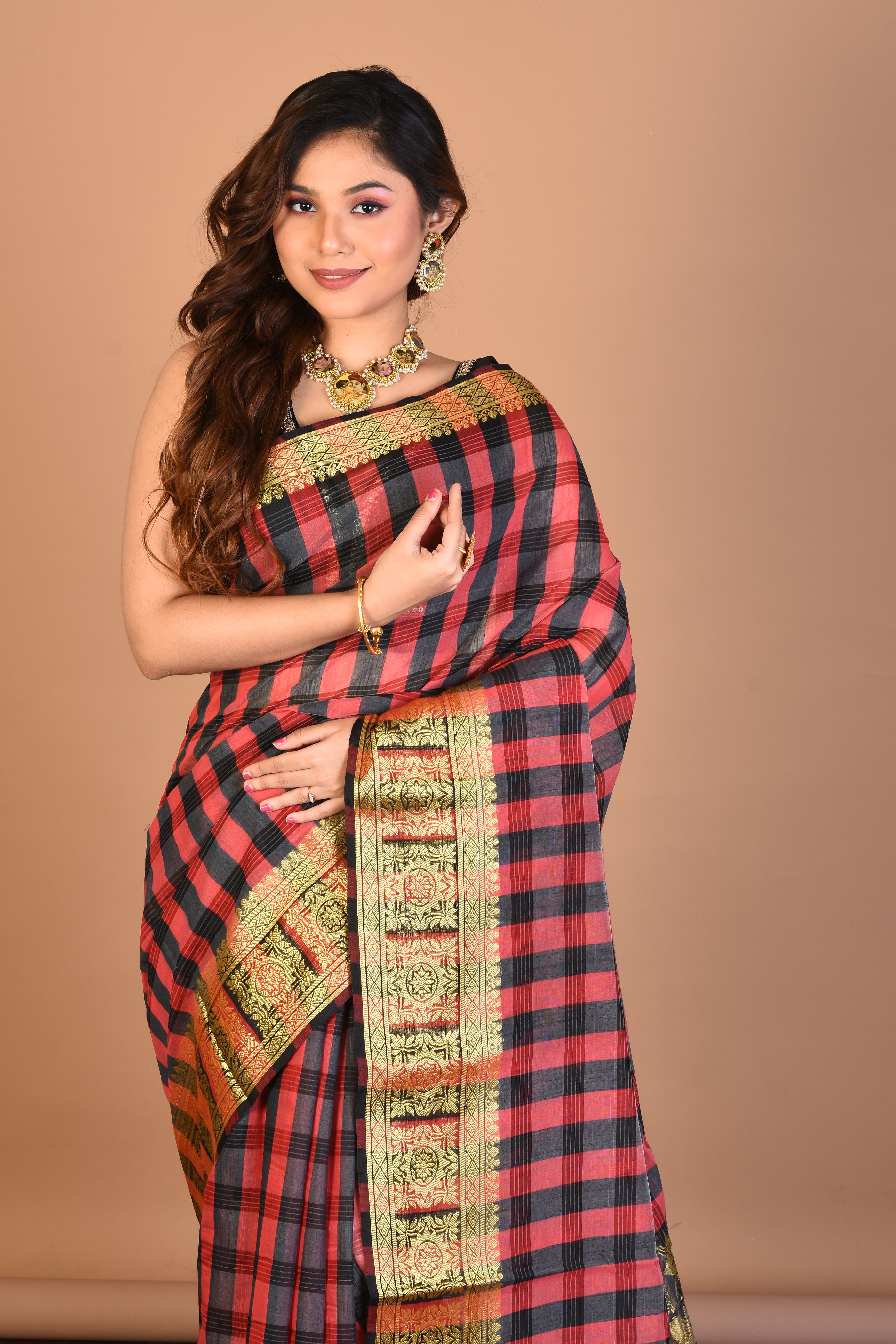 Red and Brown Silk Saree with Blouse Piece - Keya Seth Exclusive