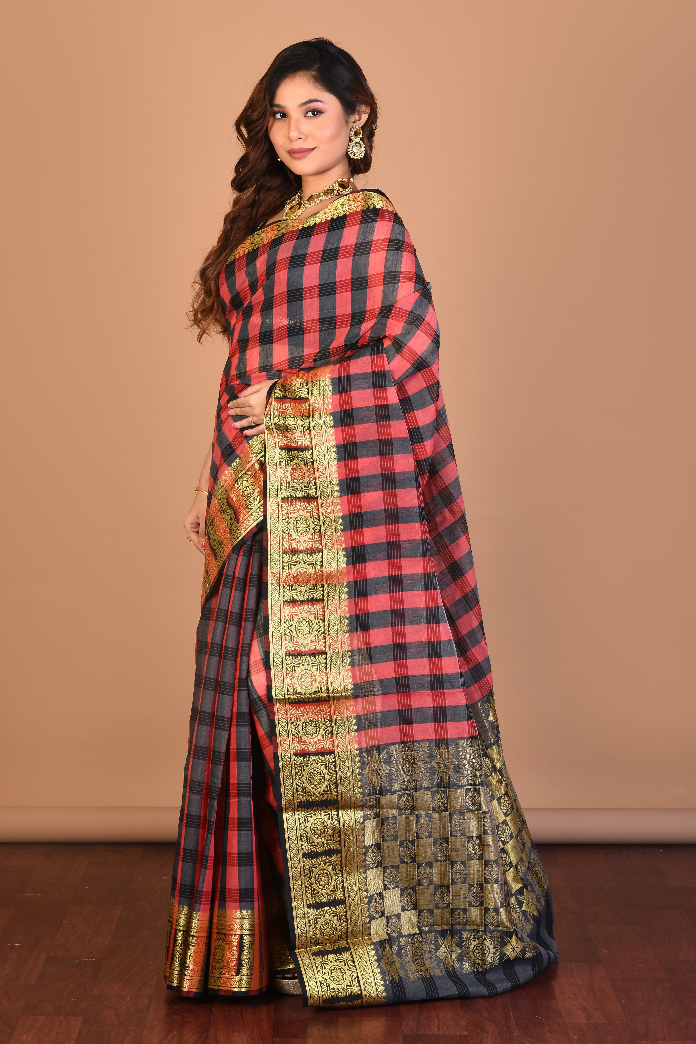 Red and Brown Silk Saree with Blouse Piece - Keya Seth Exclusive