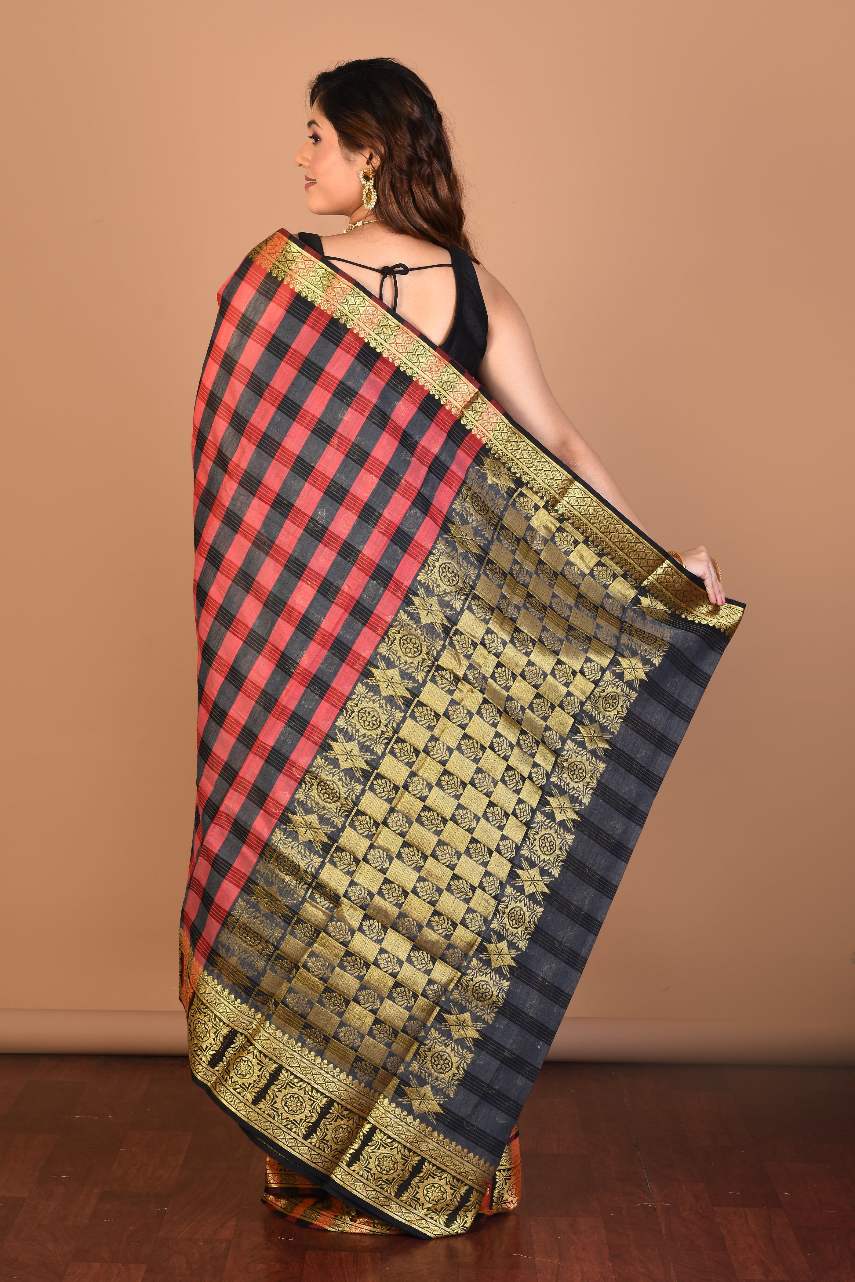 Red and Brown Silk Saree with Blouse Piece - Keya Seth Exclusive