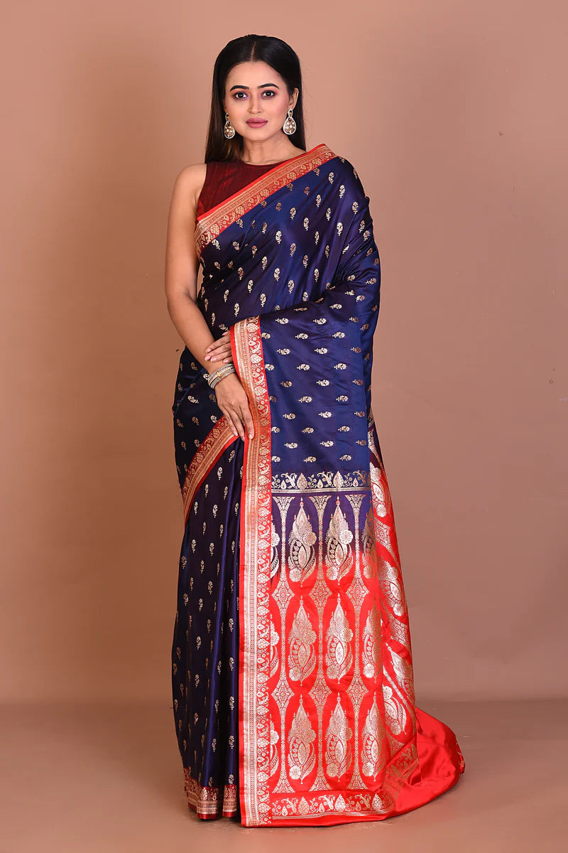 Navy Blue Blended Katan Silk Saree - Keya Seth Exclusive