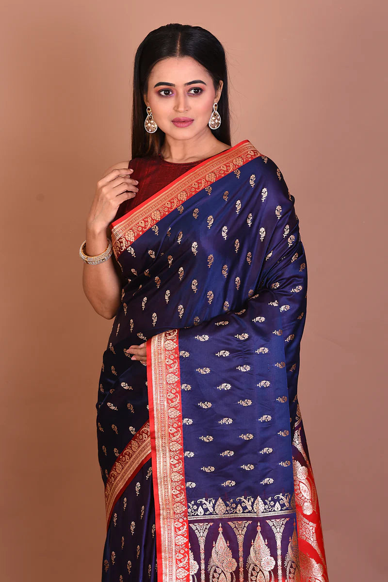 Navy Blue Blended Katan Silk Saree - Keya Seth Exclusive