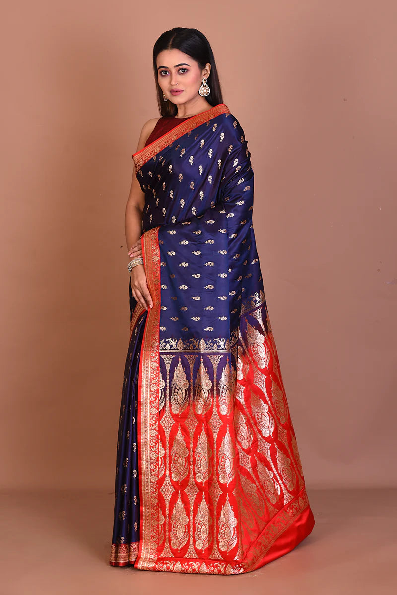 Navy Blue Blended Katan Silk Saree - Keya Seth Exclusive