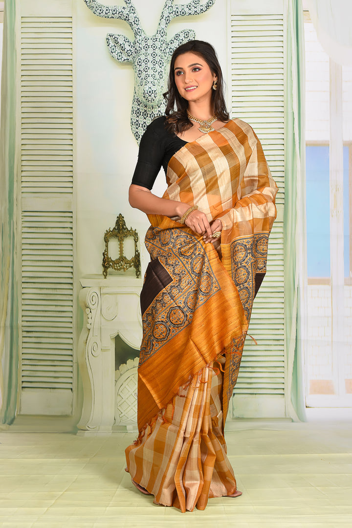 Yellow Ochre Checkered Tussar Silk Saree - Keya Seth Exclusive
