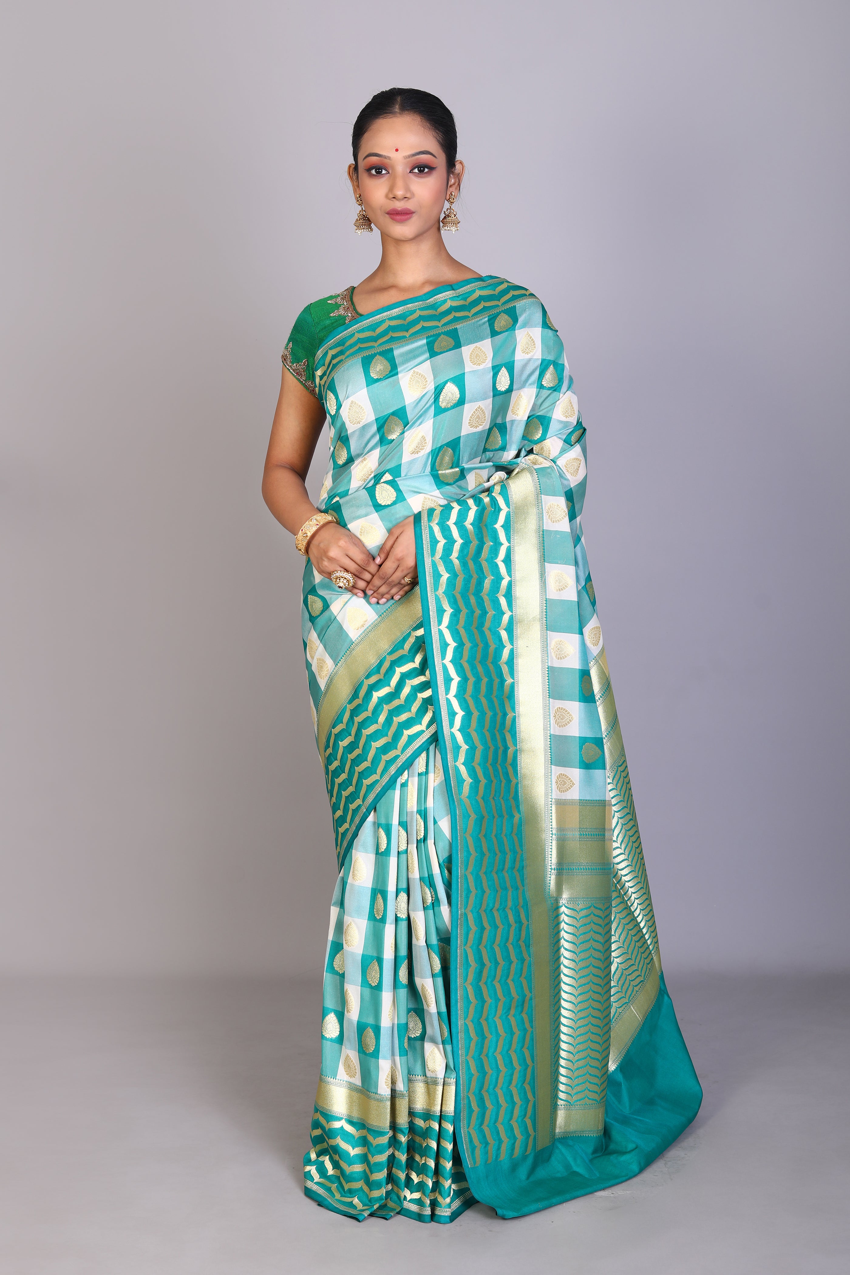 Offwhite & Sea Green Blended Silk Saree - Keya Seth Exclusive