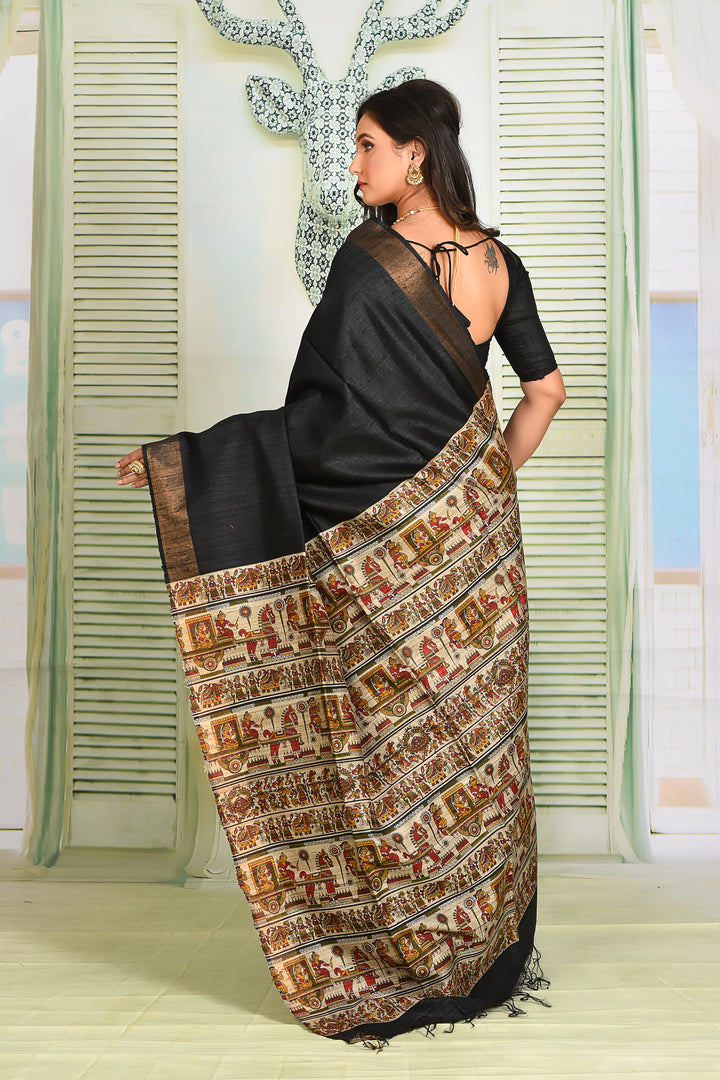 Bright Black Pure Tussar Silk Saree - Keya Seth Exclusive