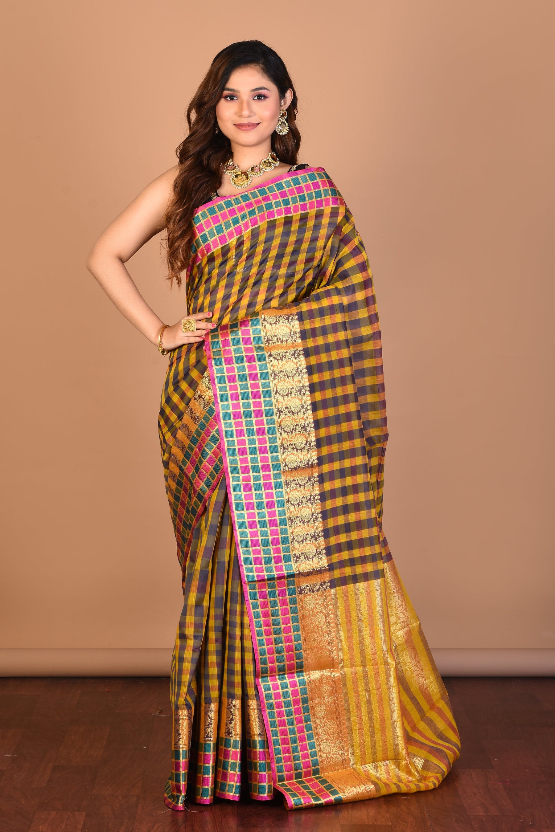 Yellow and Brown Blended Silk Saree with Blouse Piece - Keya Seth Exclusive