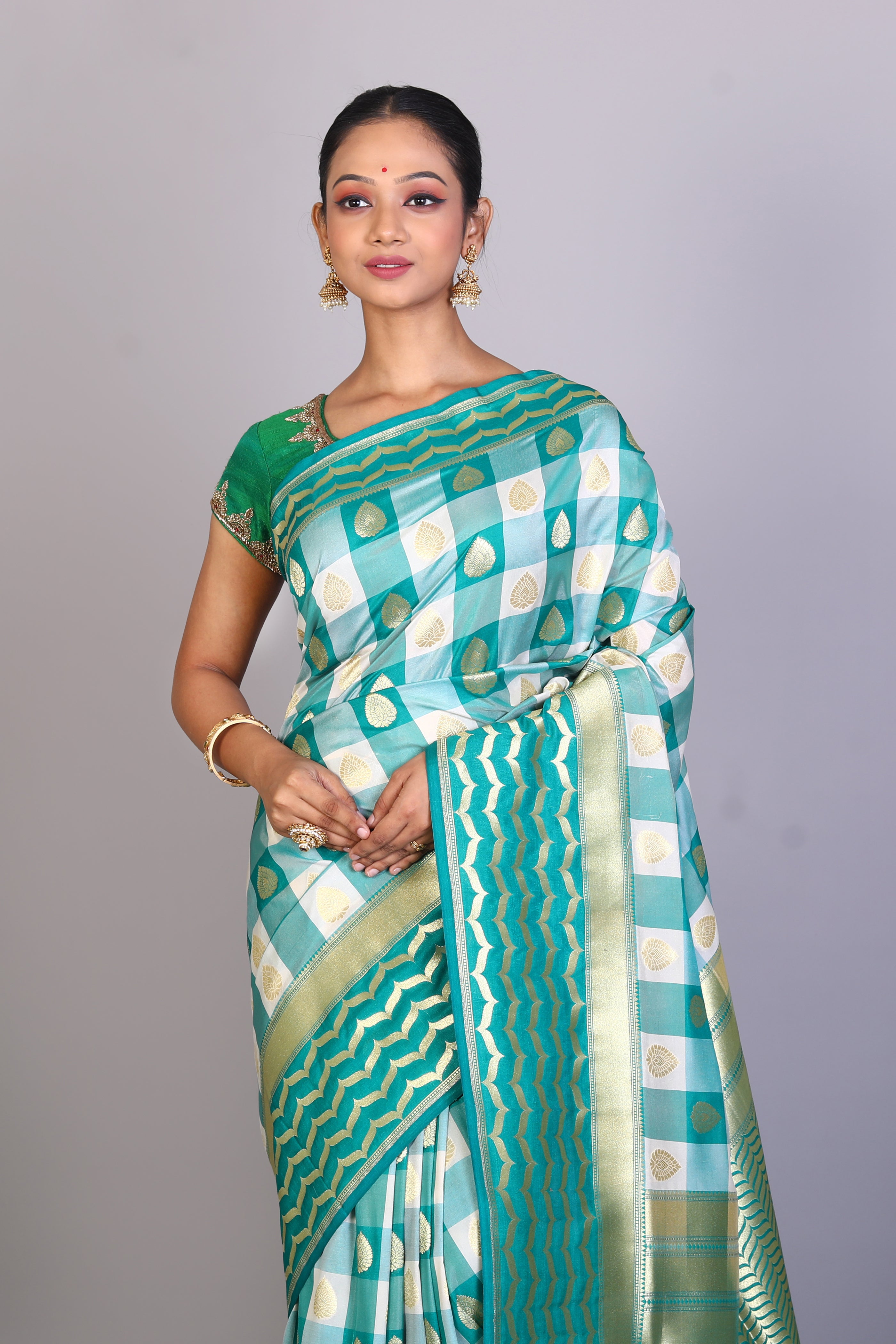 Offwhite & Sea Green Blended Silk Saree - Keya Seth Exclusive