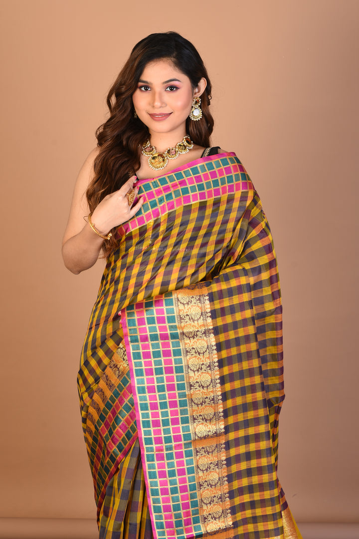 Yellow and Brown Blended Silk Saree with Blouse Piece - Keya Seth Exclusive