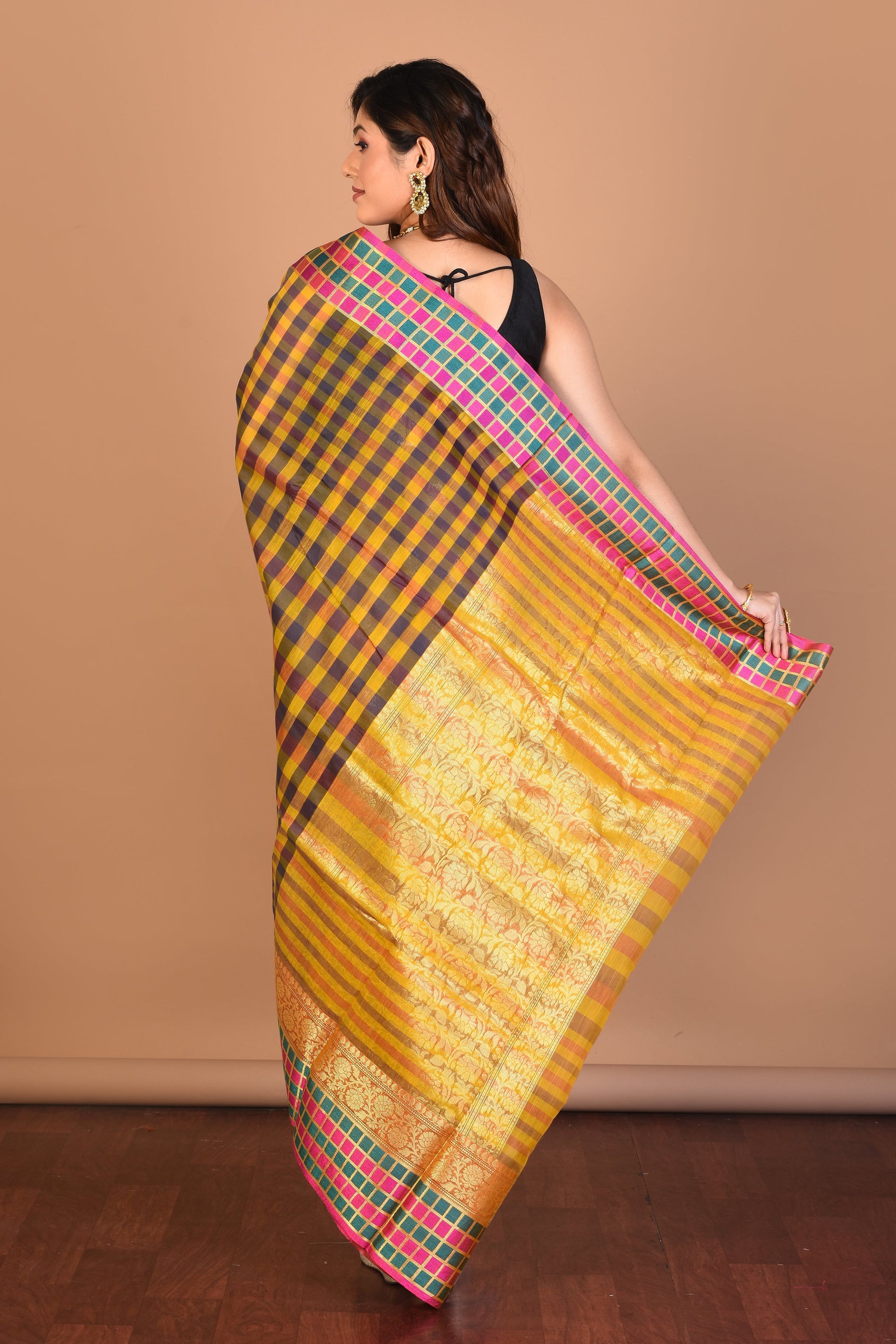 Yellow and Brown Blended Silk Saree with Blouse Piece - Keya Seth Exclusive