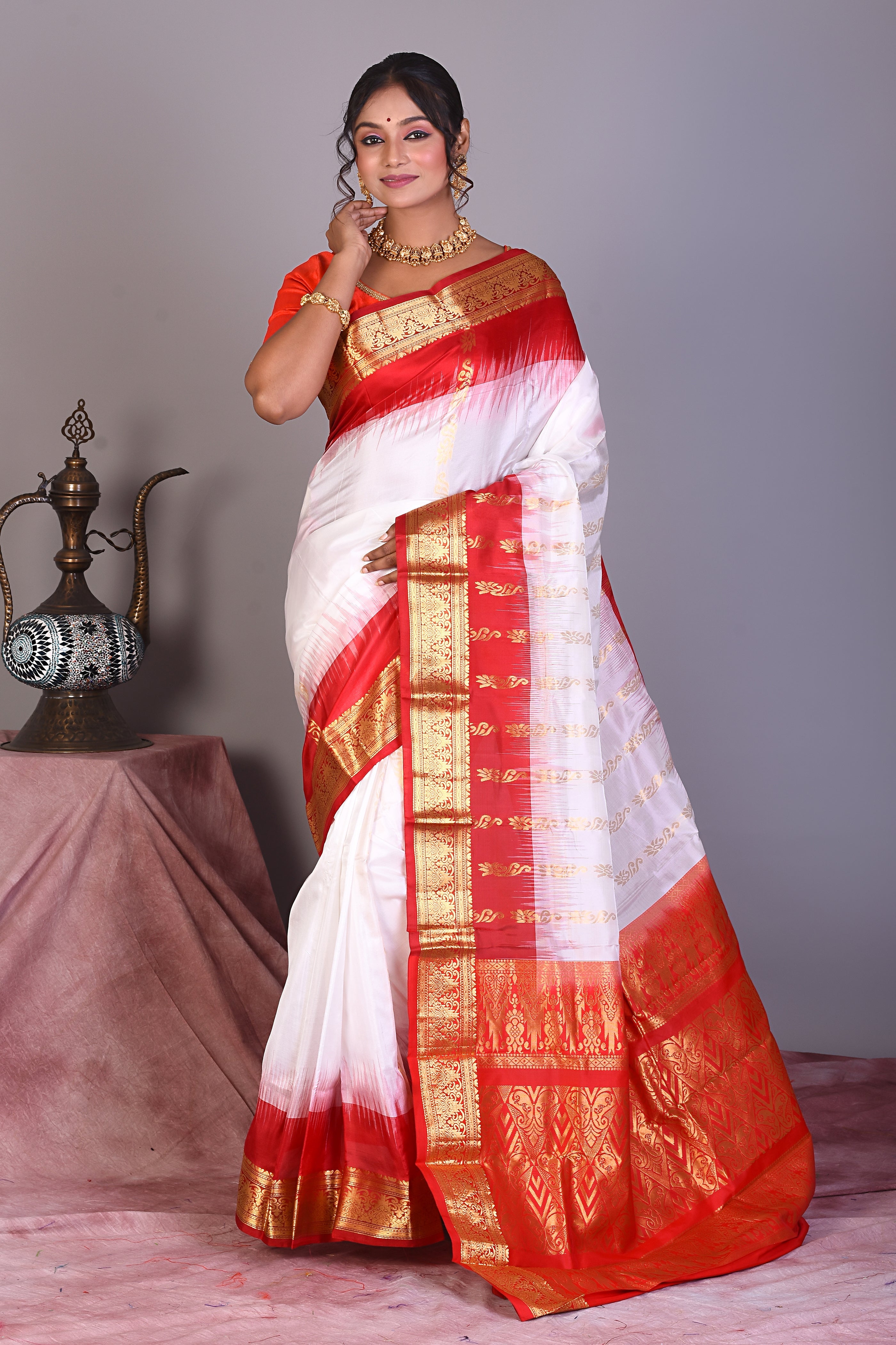 White Pure Kanjivaram Saree with Red Borders - Keya Seth Exclusive