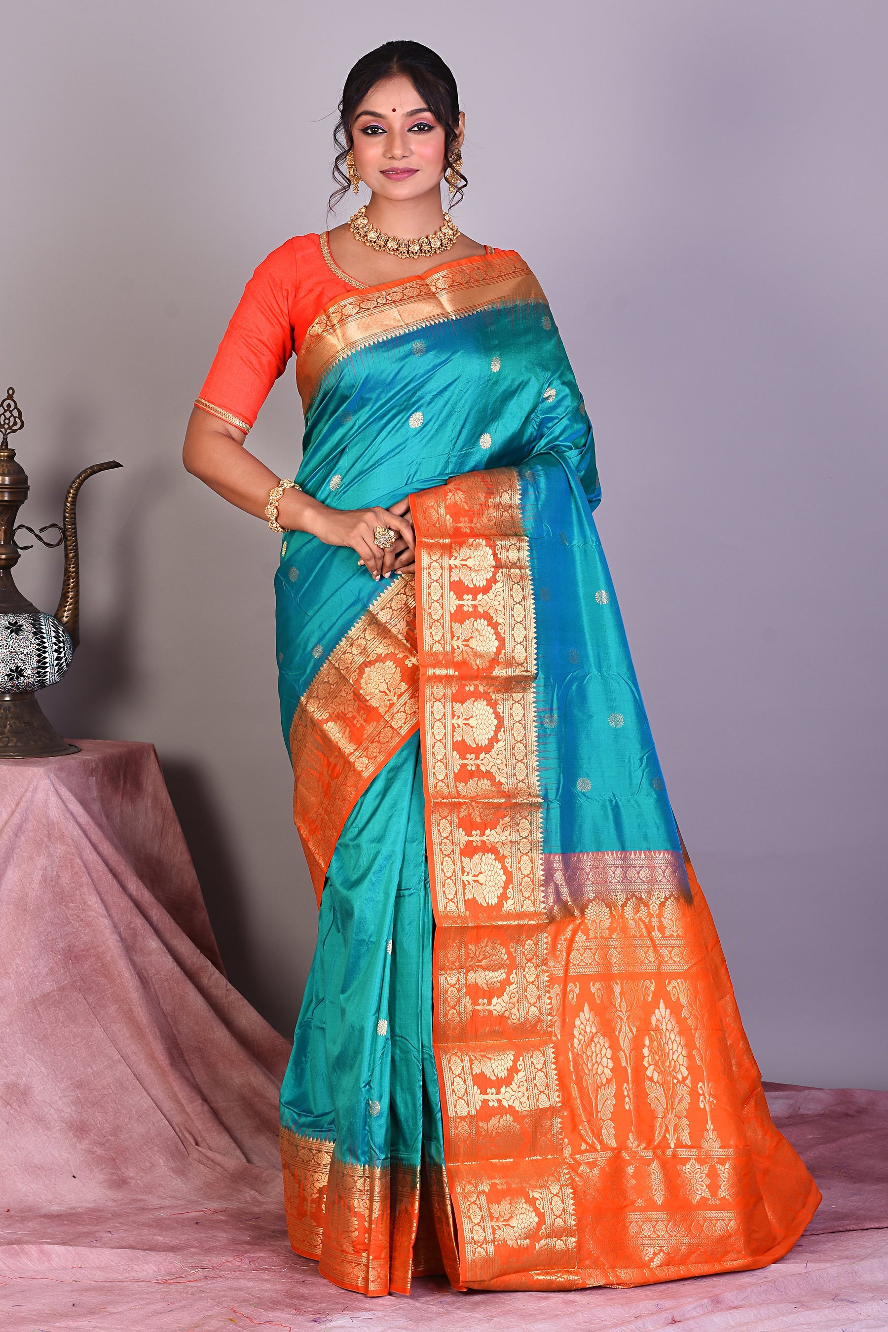 Dual Tone Rama Green Pure Kanjivaram Saree with Orange Borders - Keya Seth Exclusive