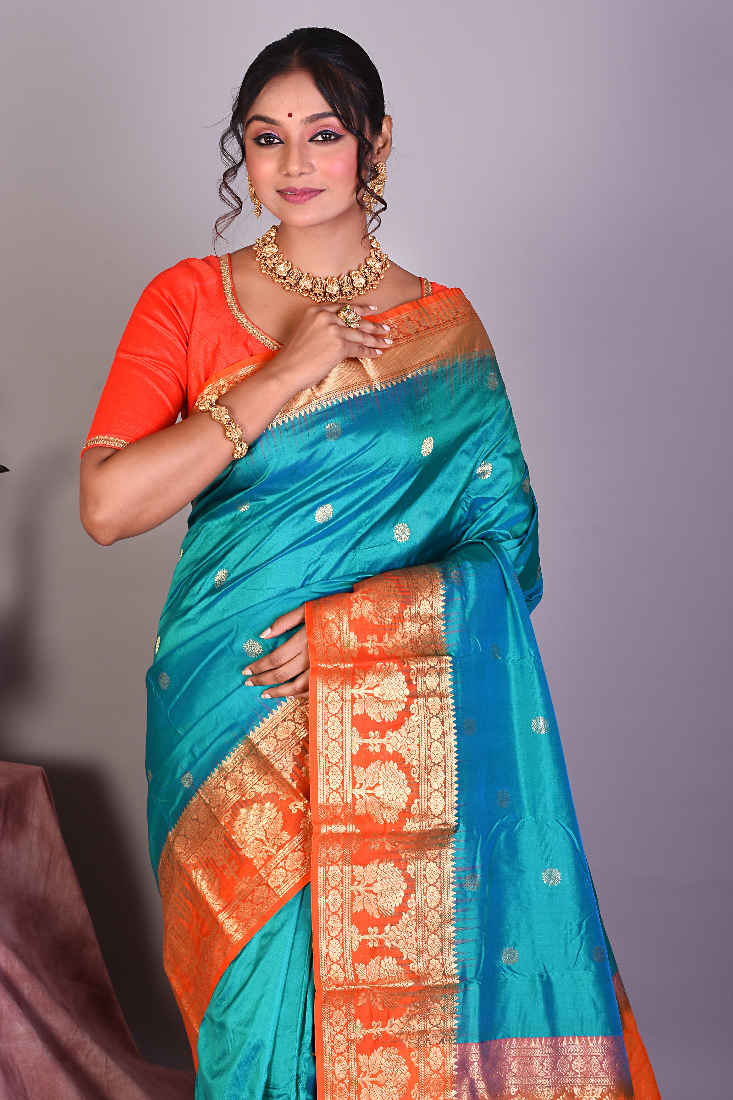 Dual Tone Rama Green Pure Kanjivaram Saree with Orange Borders - Keya Seth Exclusive