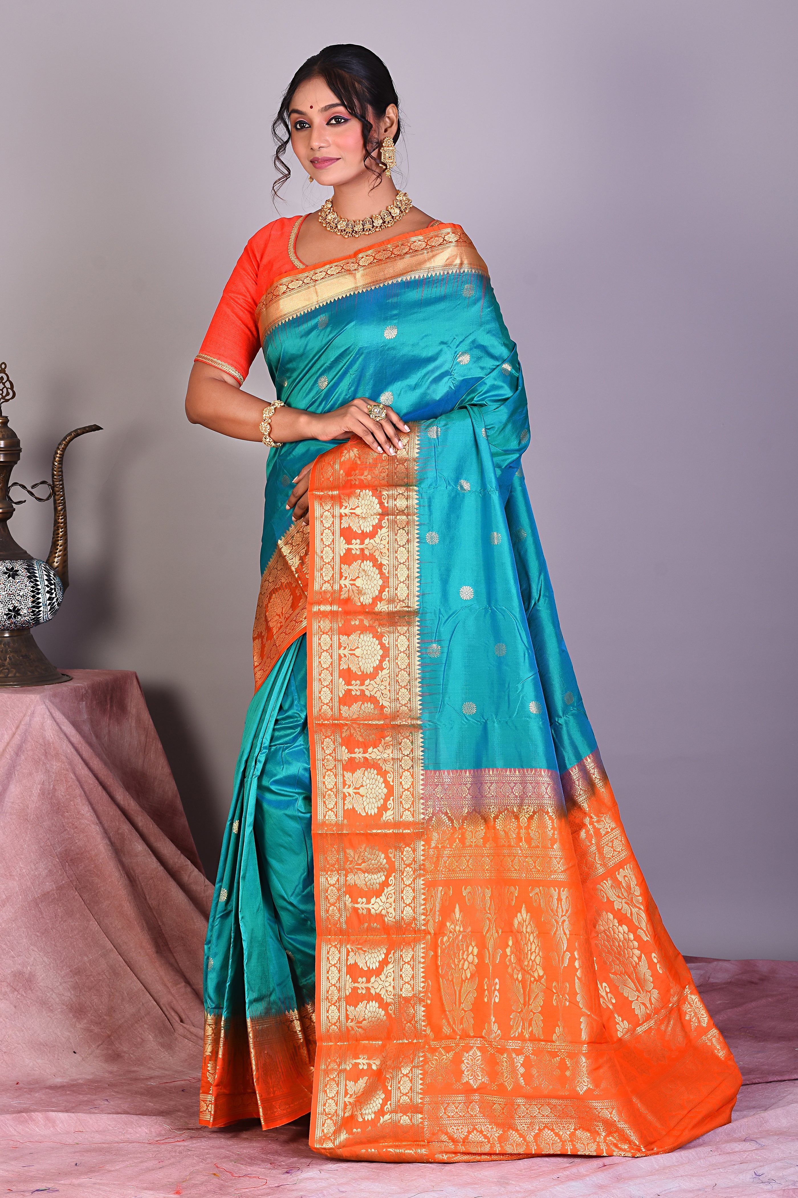 Dual Tone Rama Green Pure Kanjivaram Saree with Orange Borders - Keya Seth Exclusive