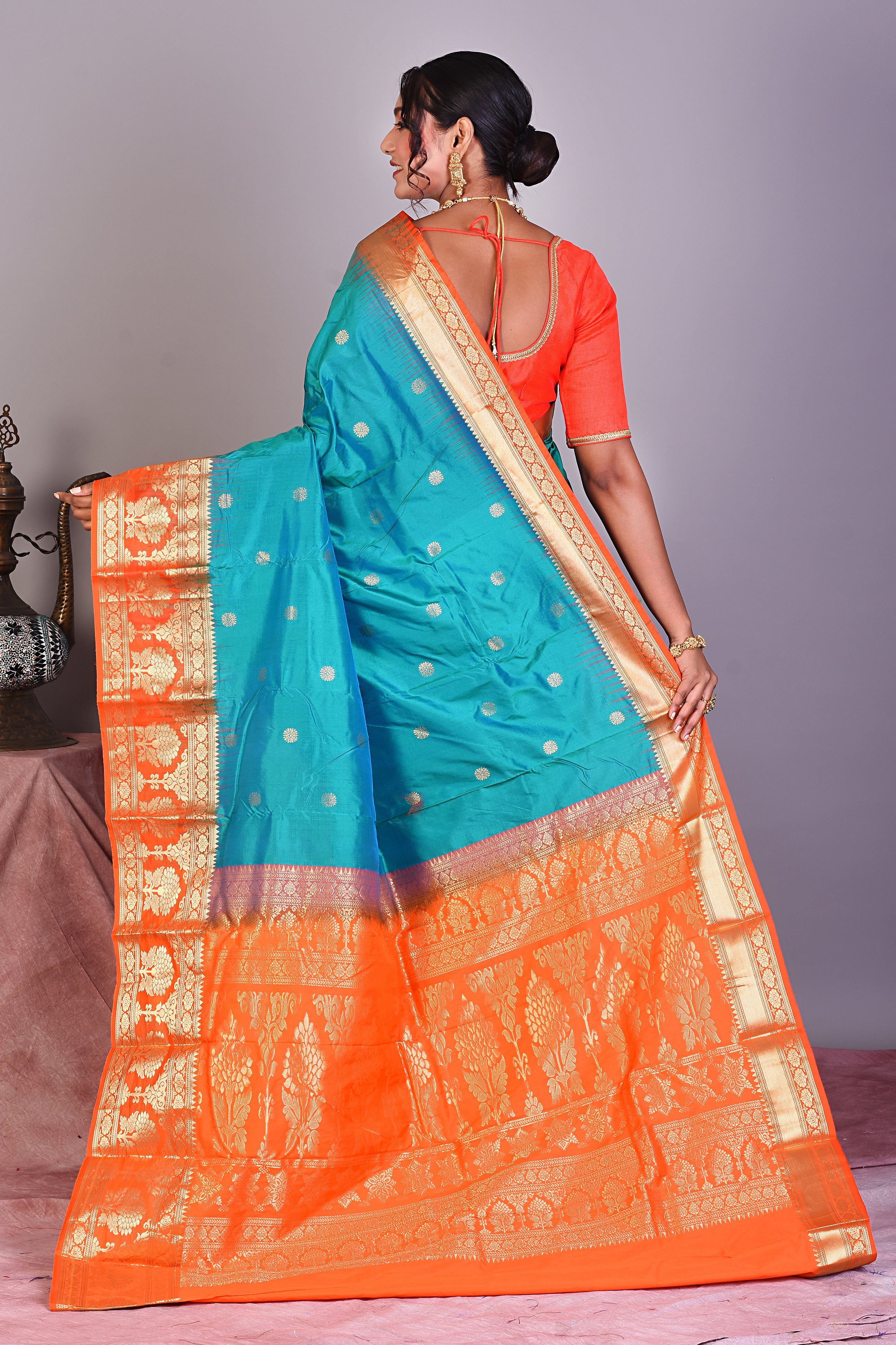 Dual Tone Rama Green Pure Kanjivaram Saree with Orange Borders - Keya Seth Exclusive