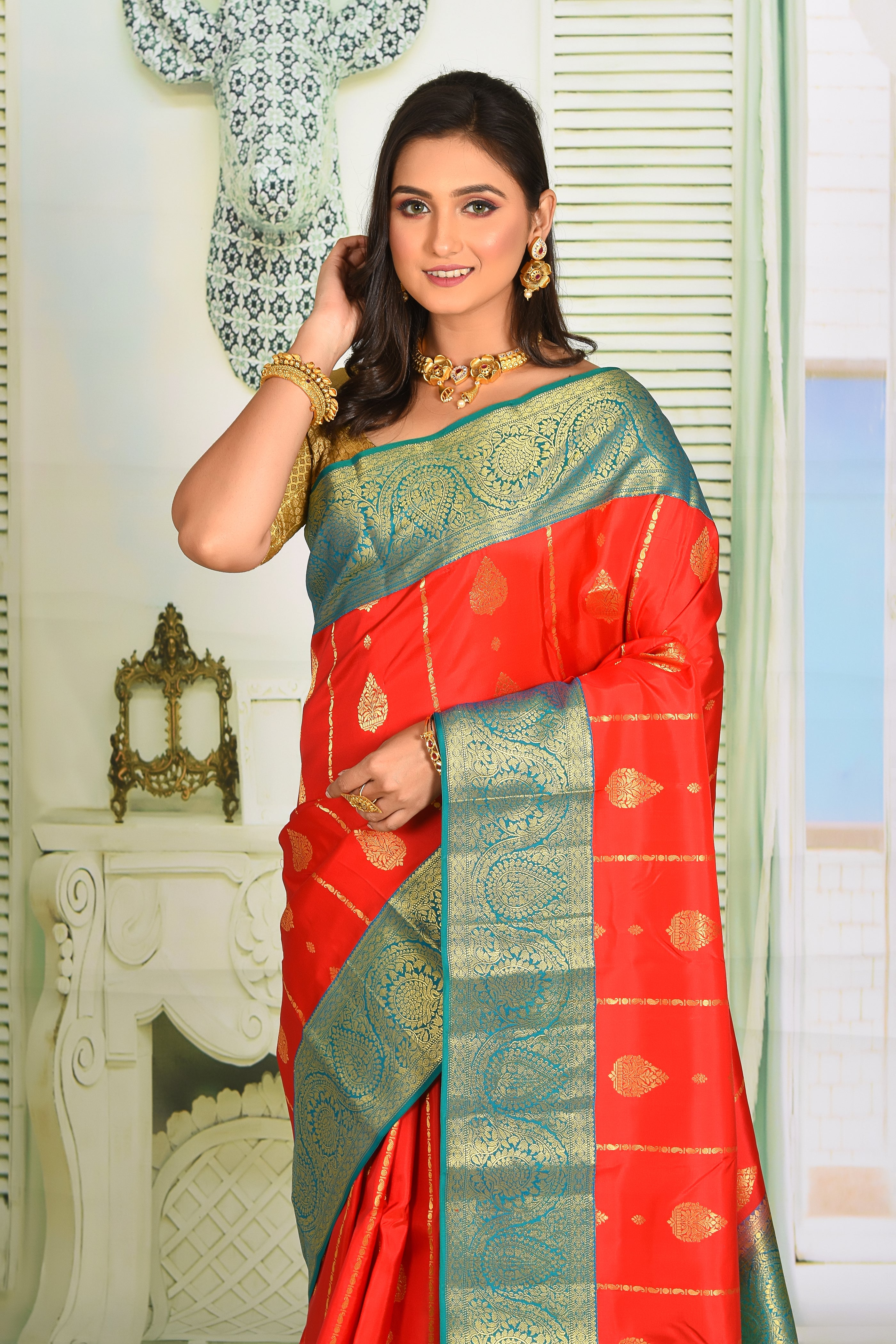 Bright Red Pure Kanjivaram Silk Saree - Keya Seth Exclusive