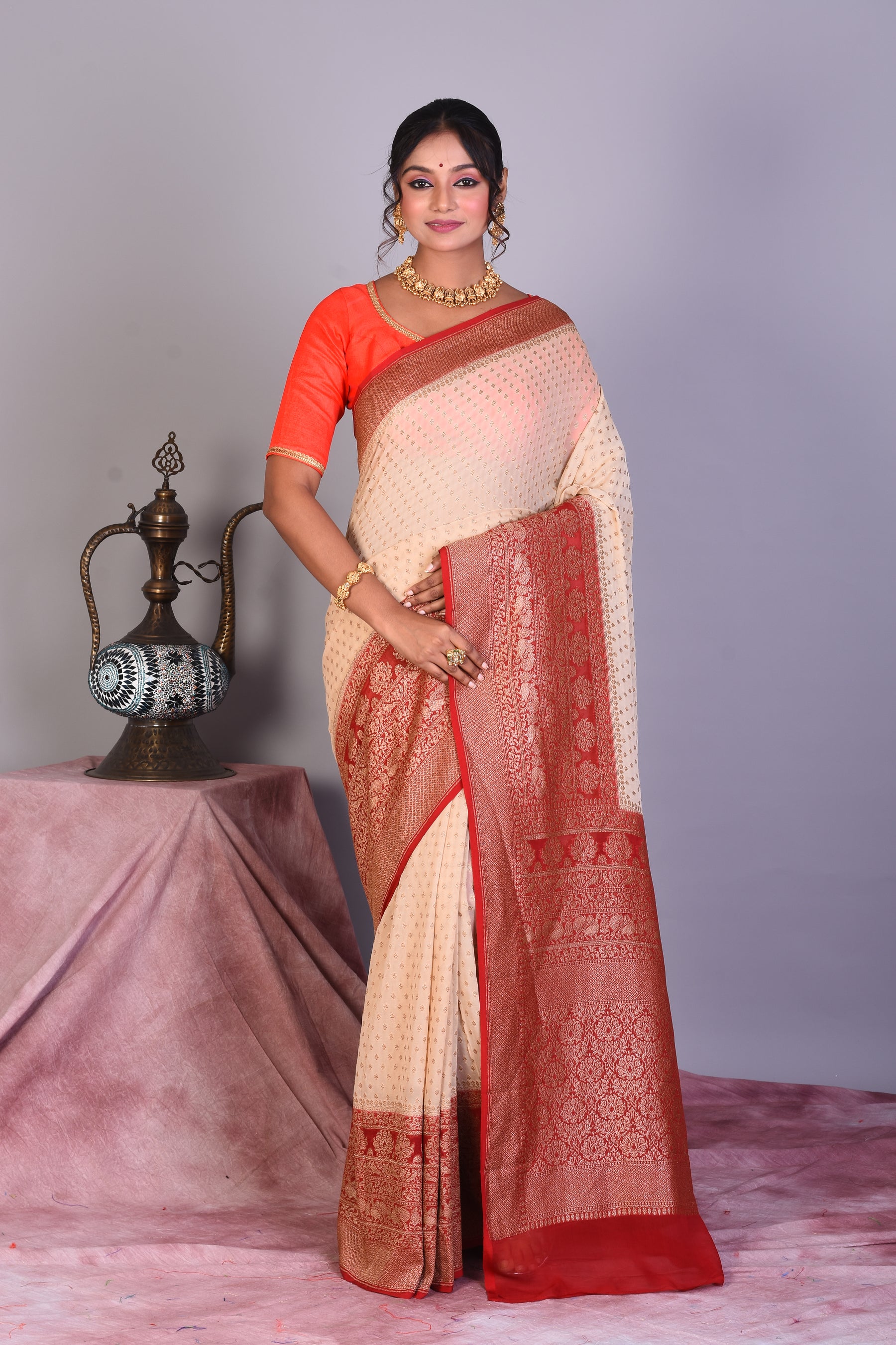 Beige Pure Georgette Khaddi Saree - Keya Seth Exclusive