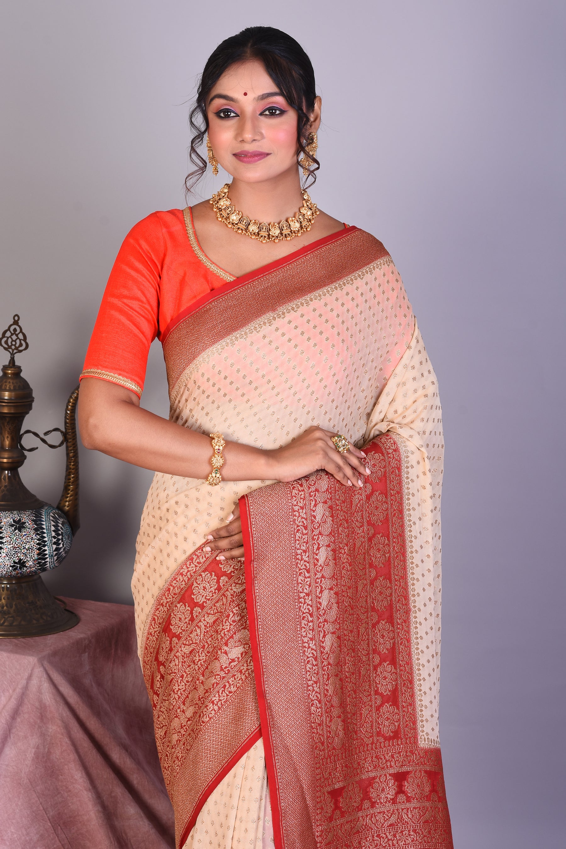 Beige Pure Georgette Khaddi Saree - Keya Seth Exclusive