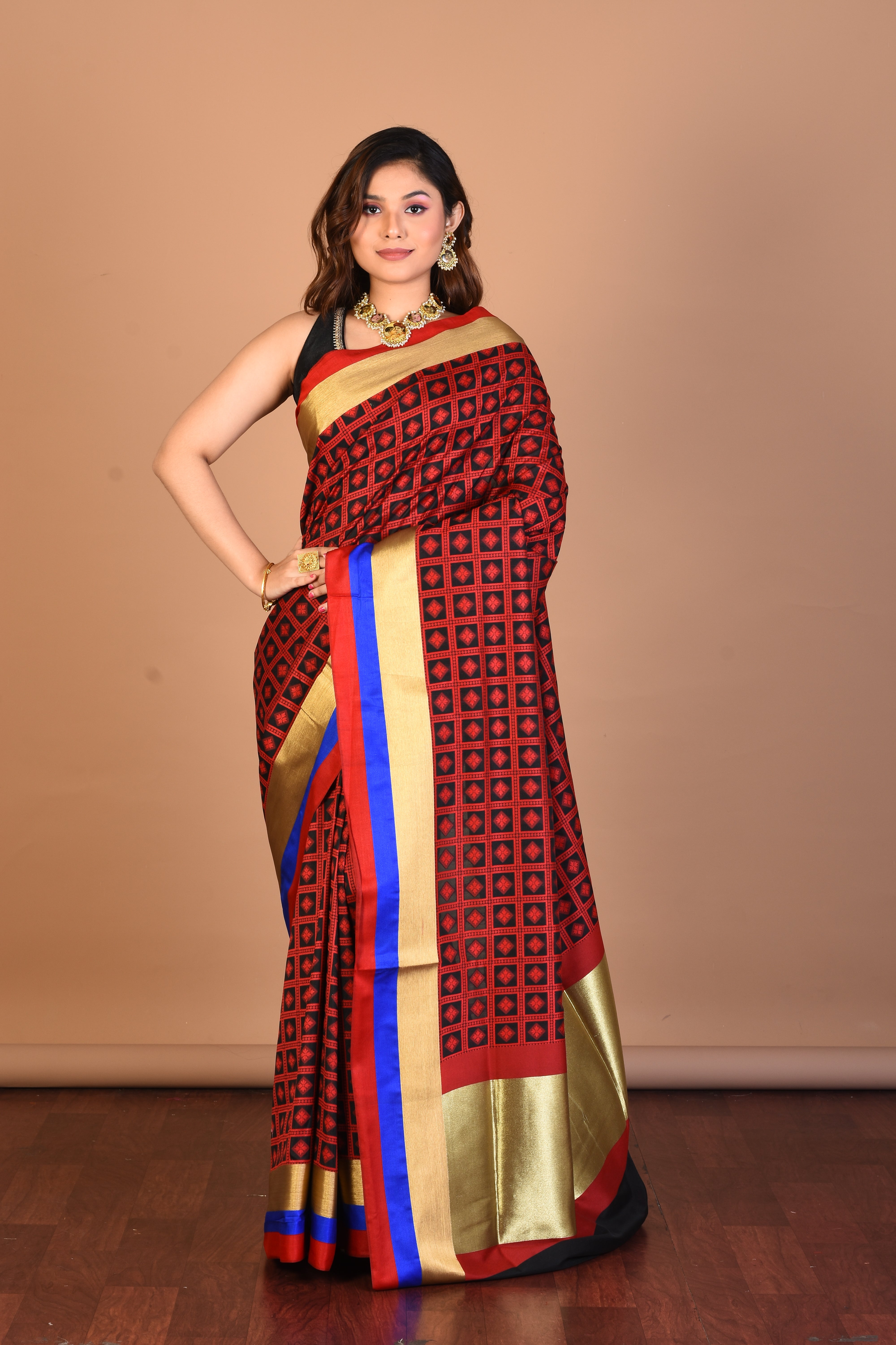 Black Checkered Blended Silk Saree with Blouse Piece - Keya Seth Exclusive