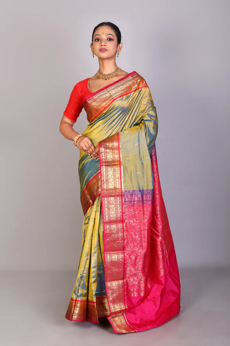 Dual Tone Olive Green Blended Kanjivaram Saree - Keya Seth Exclusive