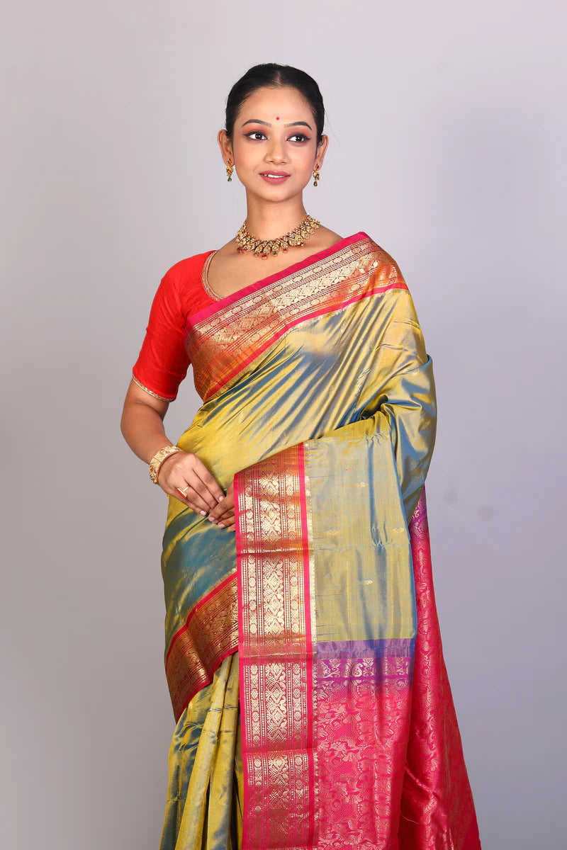 Dual Tone Olive Green Blended Kanjivaram Saree - Keya Seth Exclusive