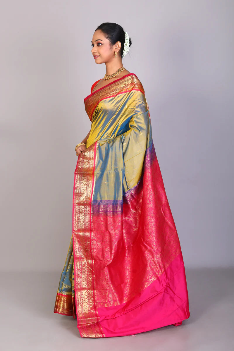 Dual Tone Olive Green Blended Kanjivaram Saree - Keya Seth Exclusive