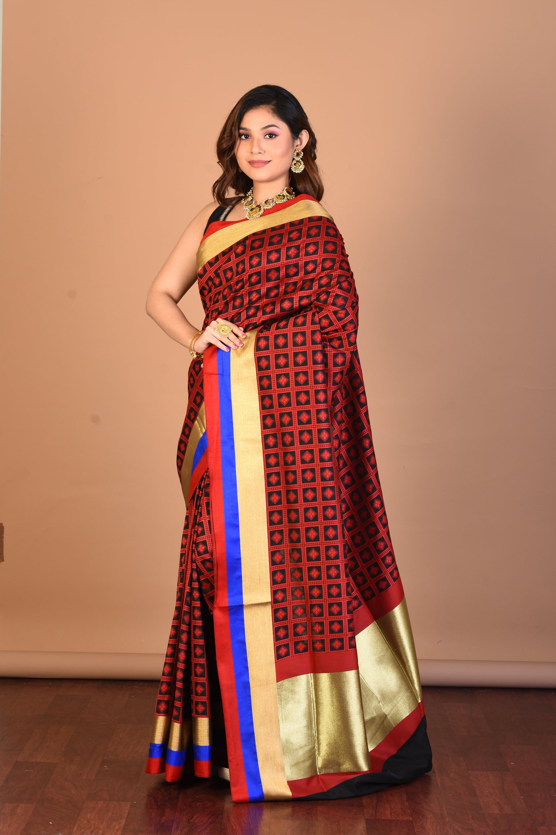 Black Checkered Blended Silk Saree with Blouse Piece - Keya Seth Exclusive