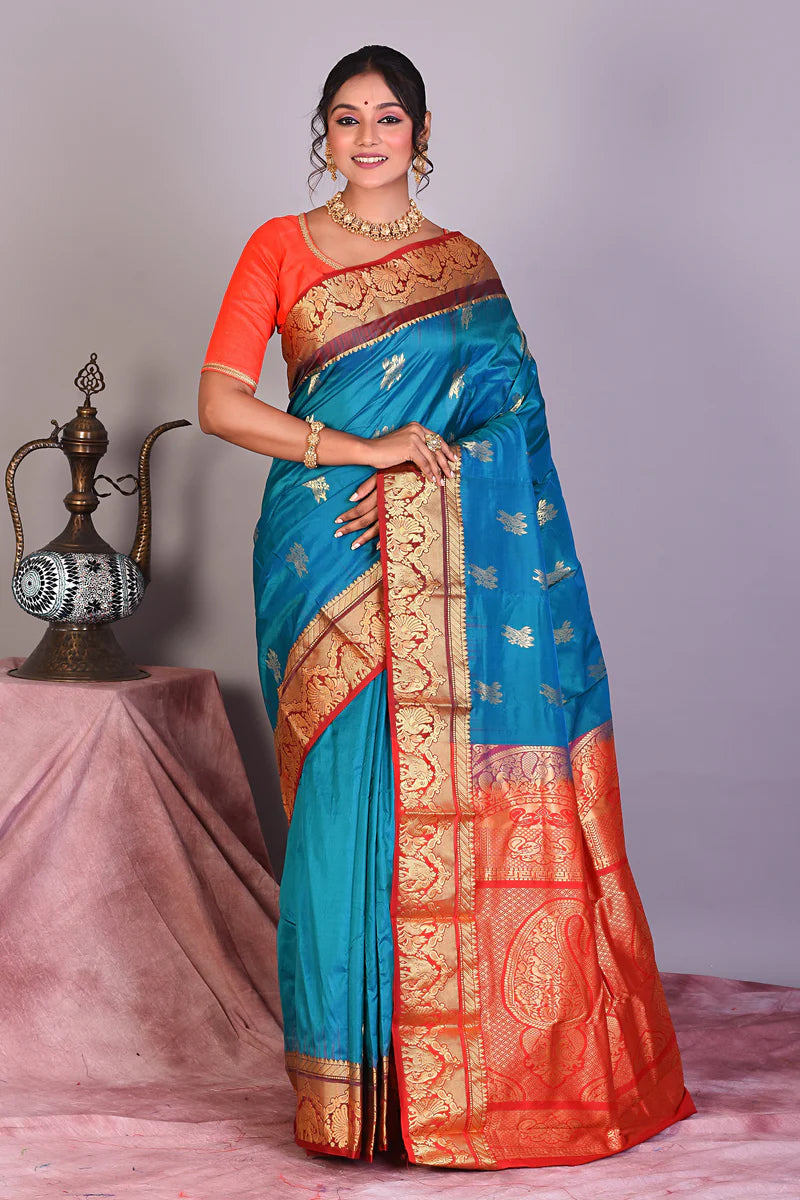 Blue Pure Kanjivaram Saree with Red Borders - Keya Seth Exclusive