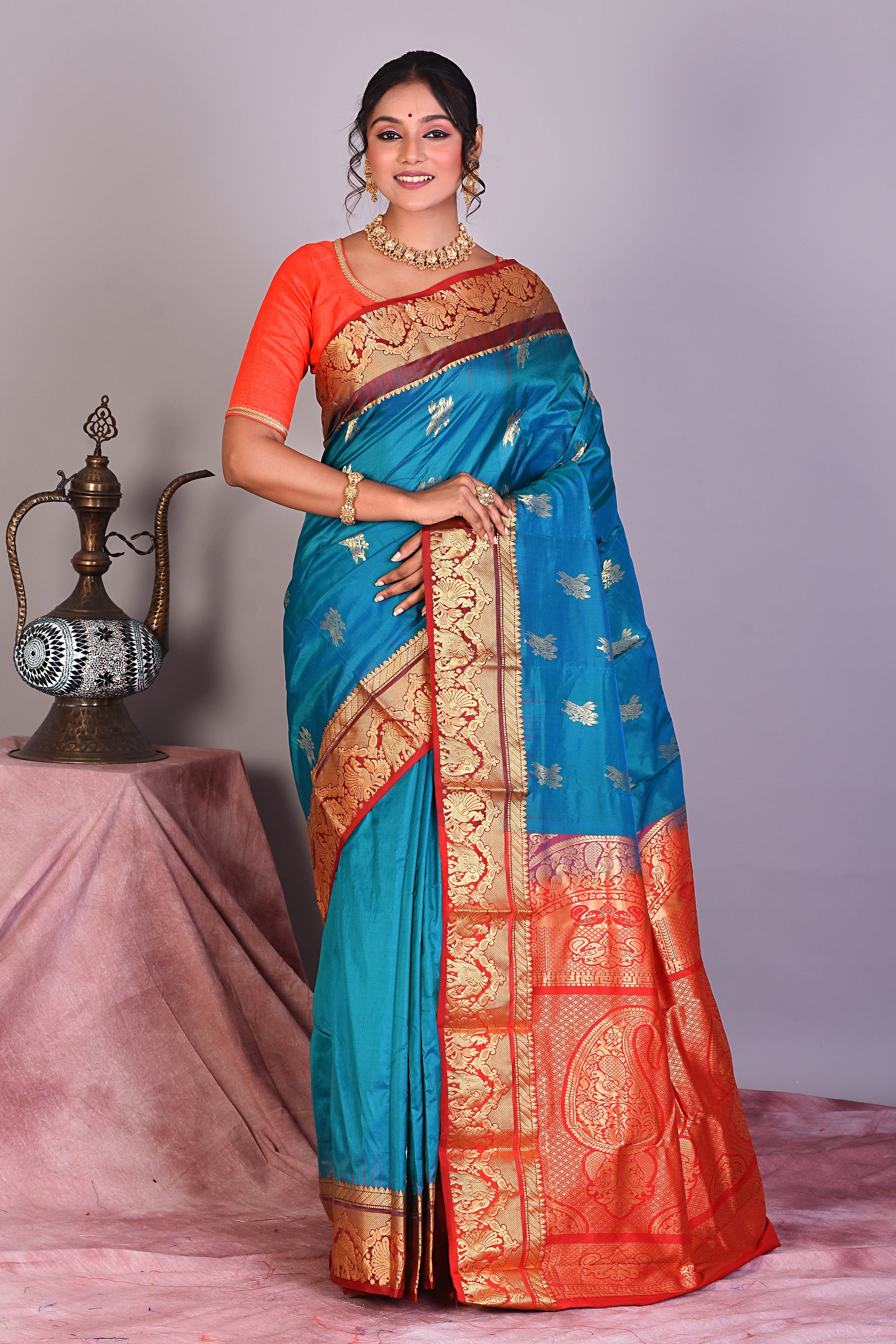 Blue Pure Kanjivaram Saree with Red Borders - Keya Seth Exclusive