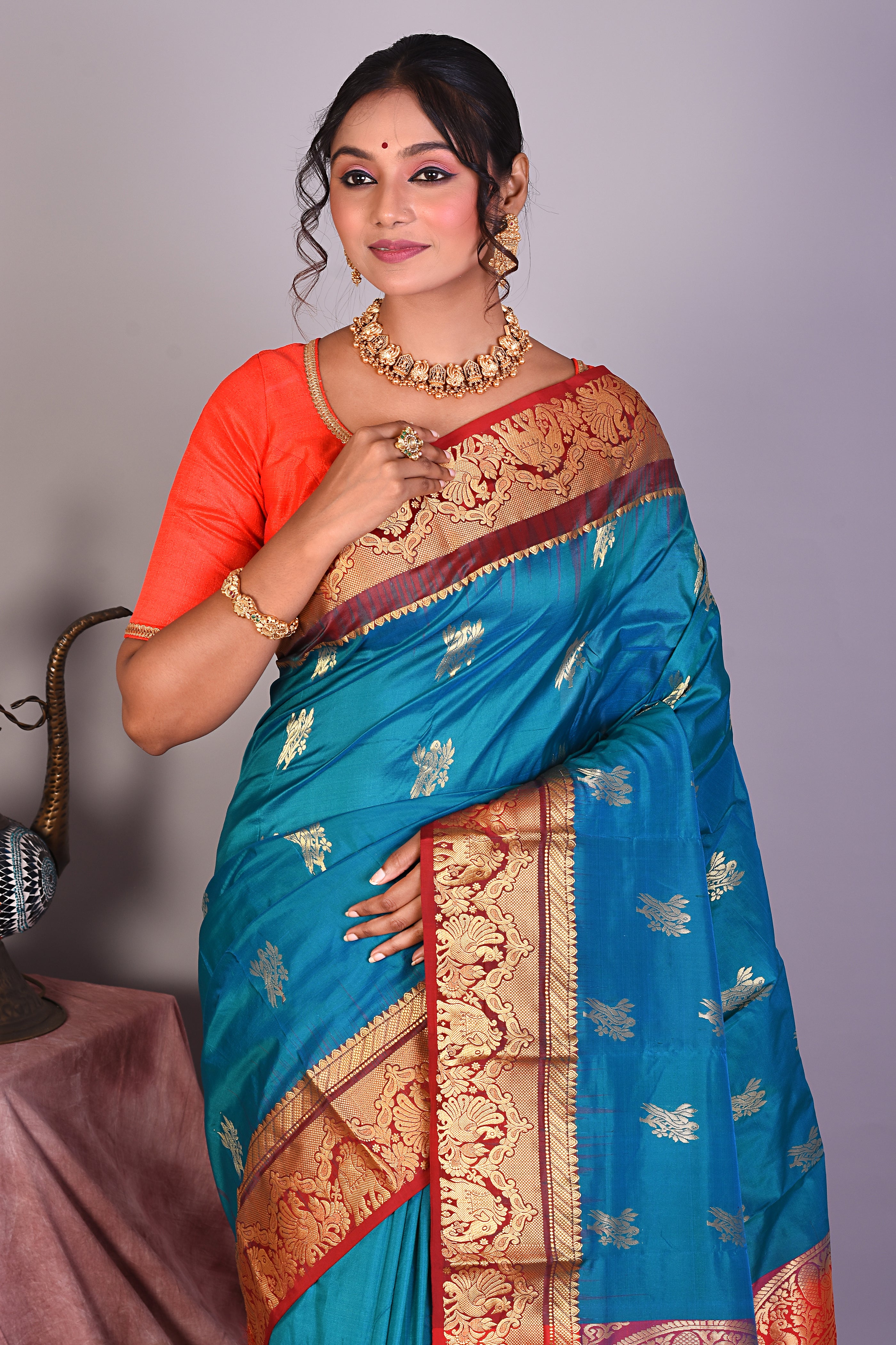 Blue Pure Kanjivaram Saree with Red Borders - Keya Seth Exclusive