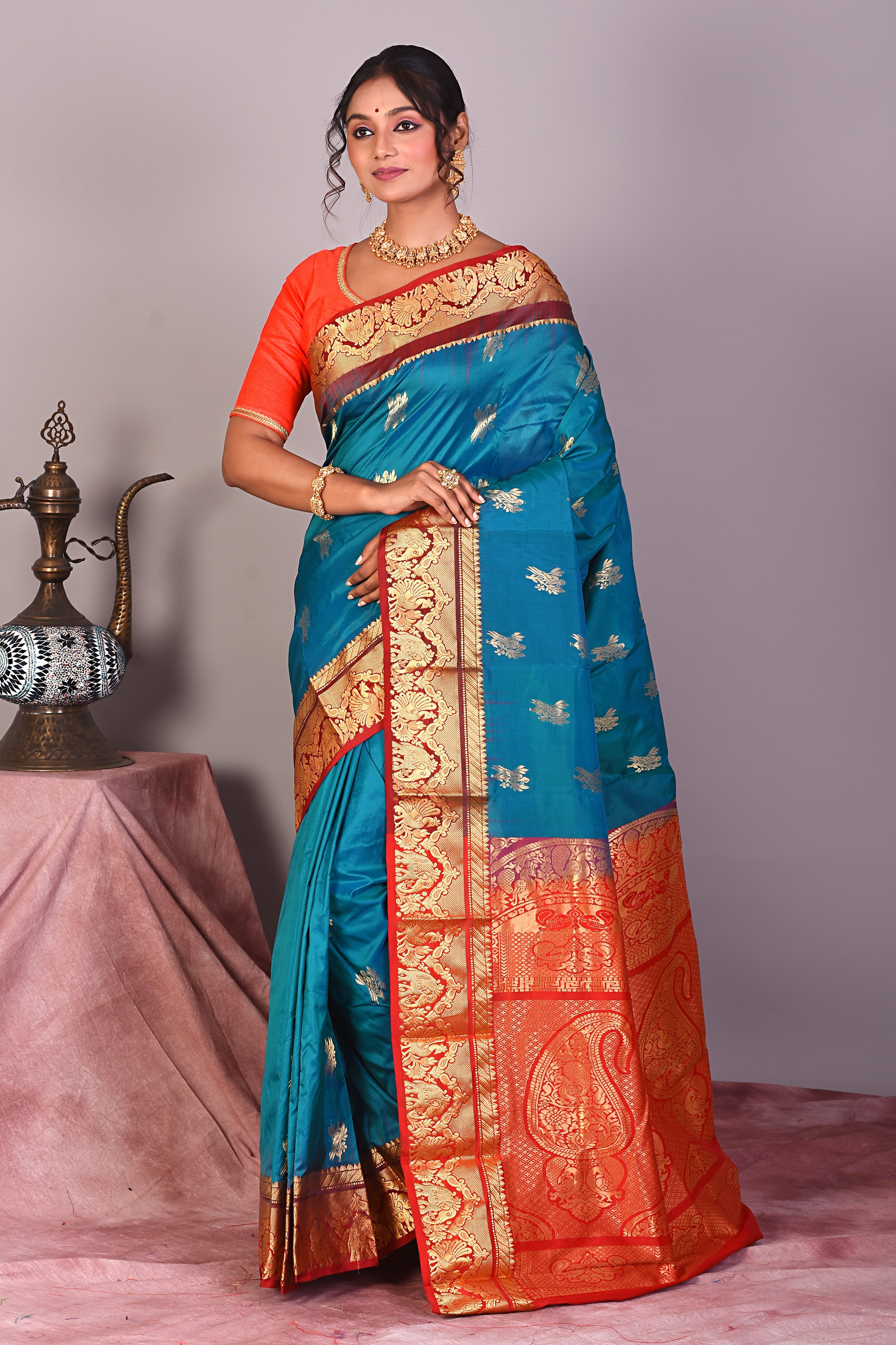 Blue Pure Kanjivaram Saree with Red Borders - Keya Seth Exclusive