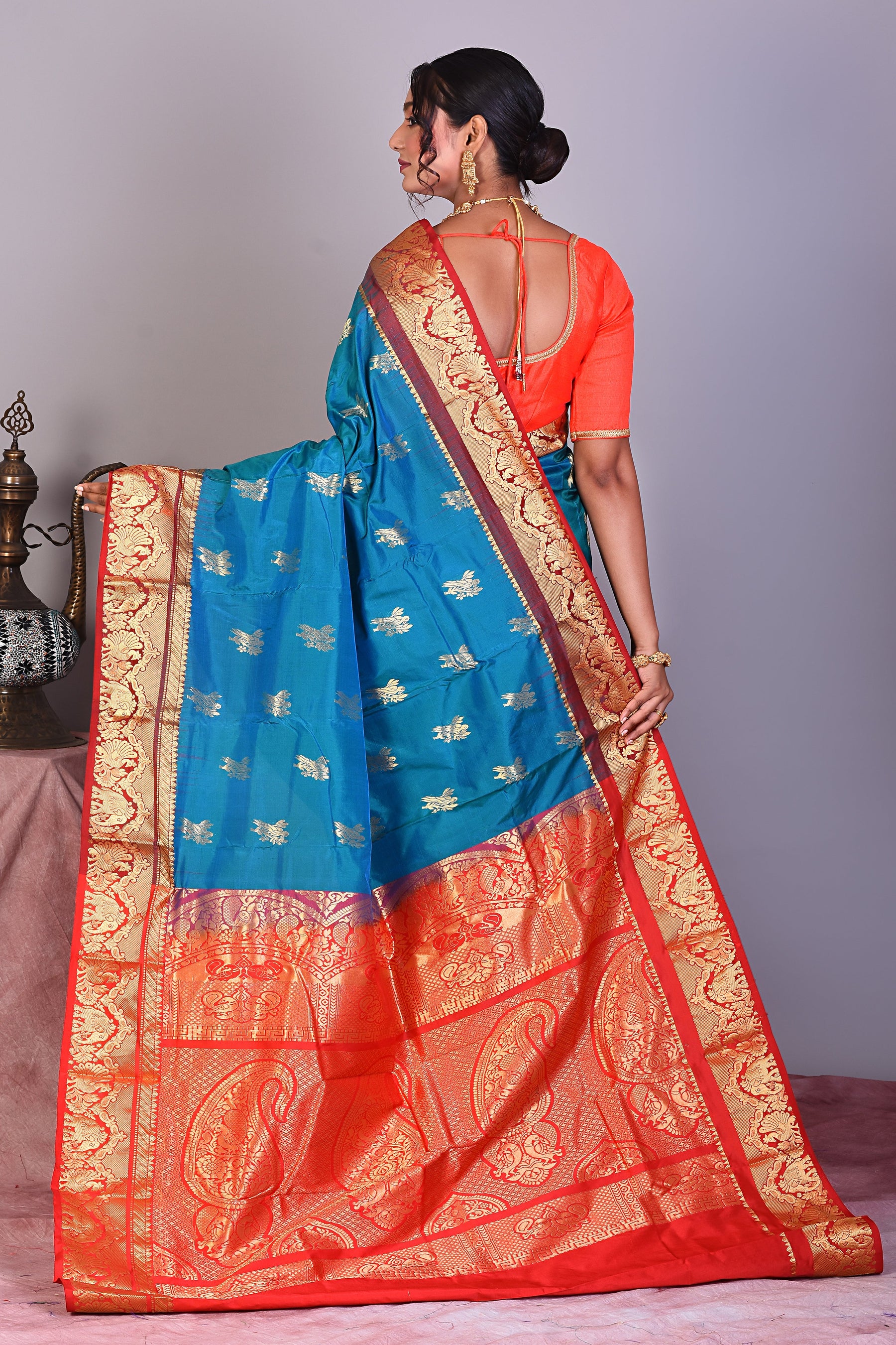 Blue Pure Kanjivaram Saree with Red Borders - Keya Seth Exclusive