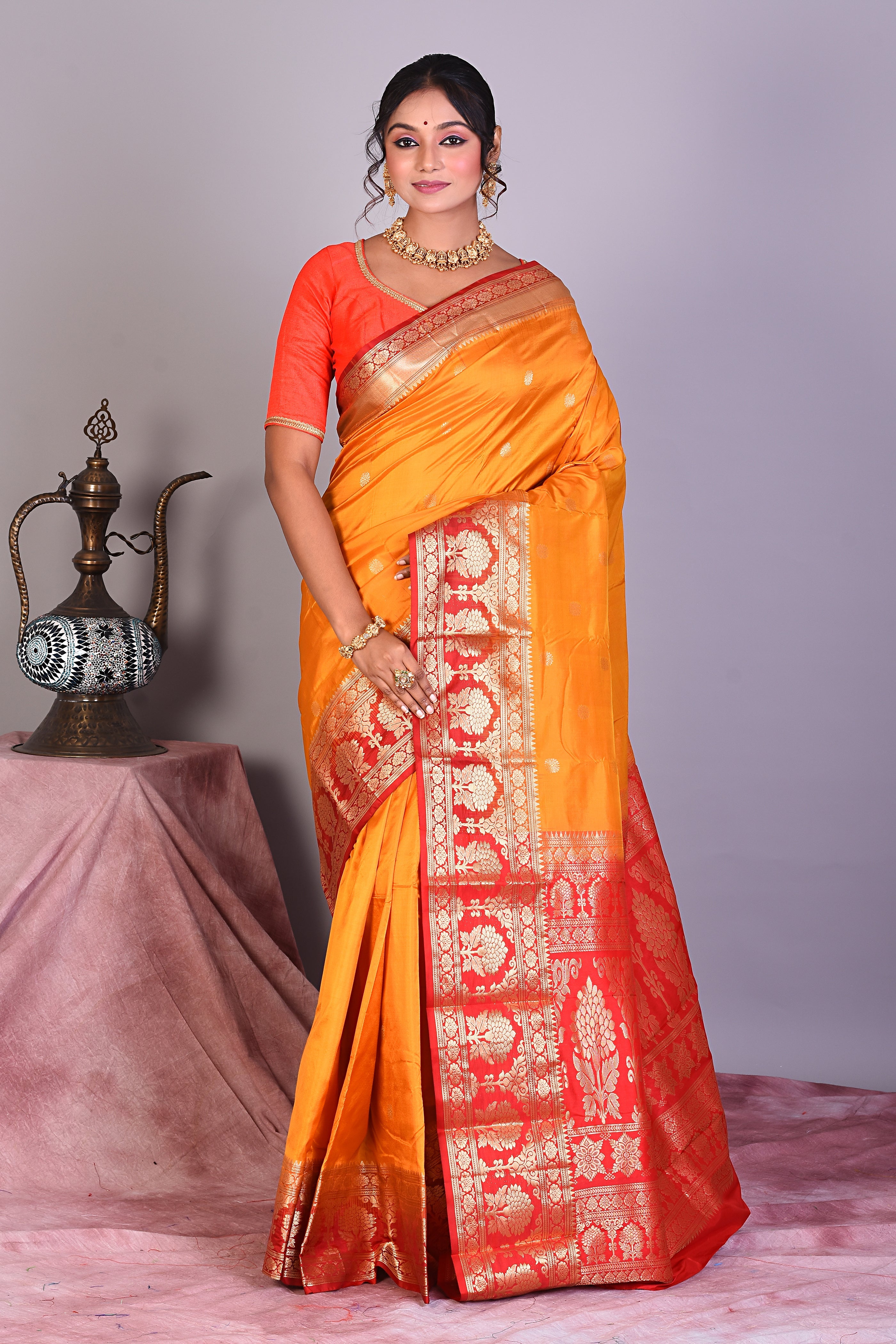 Yellow Pure Kanjivaram Saree with Red Borders - Keya Seth Exclusive